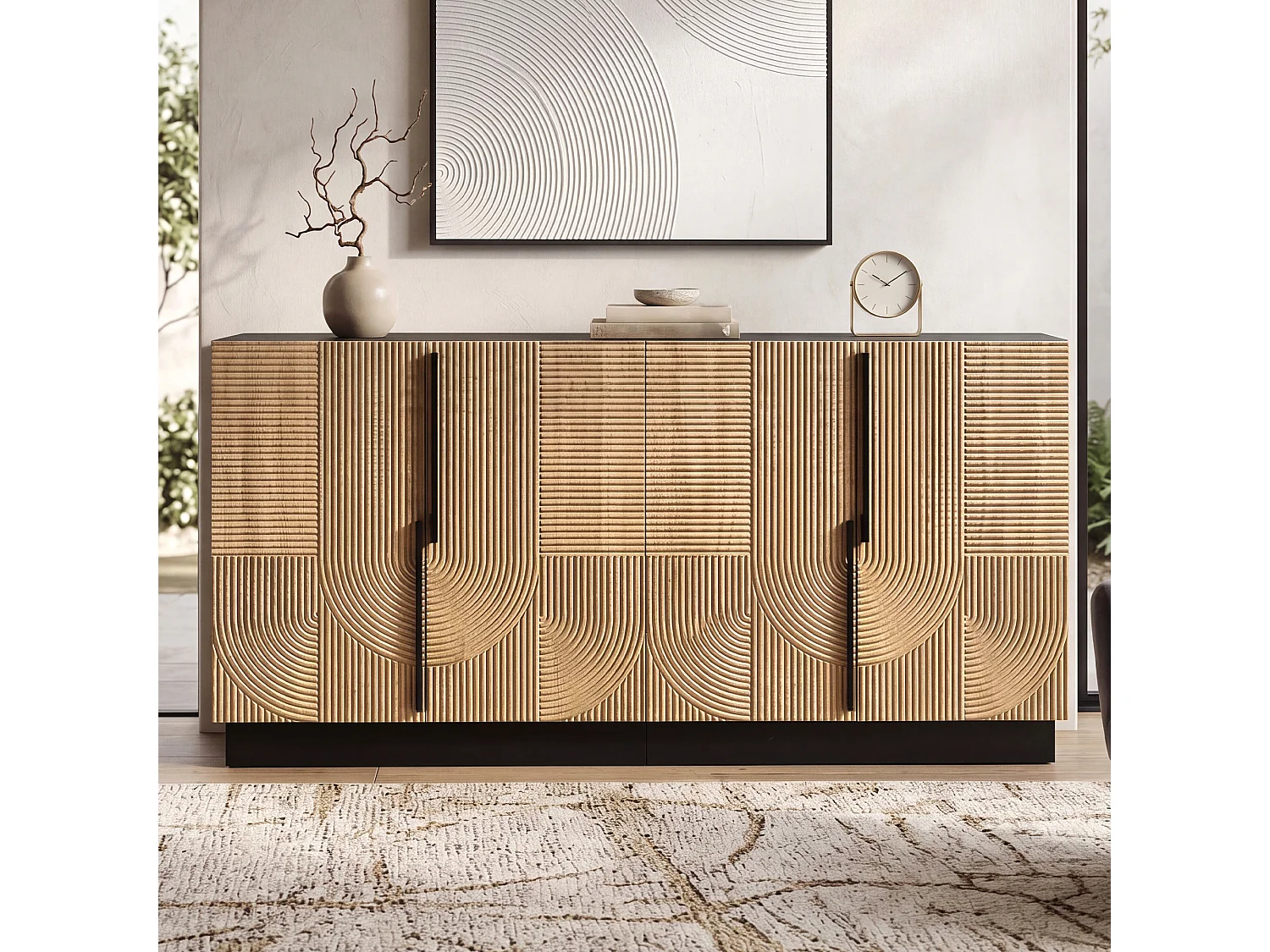Buffet 4 portes avec étagères de rangement – 160 x 42 x 76 cm – Panneaux de particules et MDF – Naturel et noir