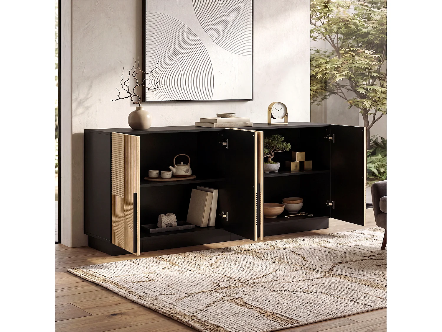 Buffet 4 portes avec étagères de rangement – 160 x 42 x 76 cm – Panneaux de particules et MDF – Naturel et noir
