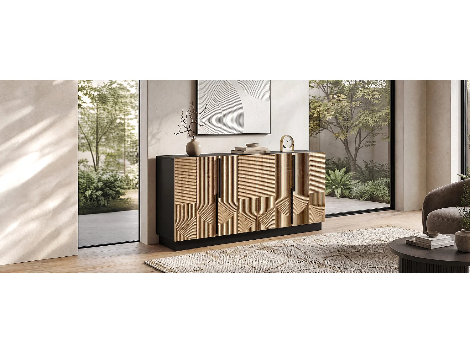Buffet 4 portes avec étagères de rangement – 160 x 42 x 76 cm – Panneaux de particules et MDF – Naturel et noir