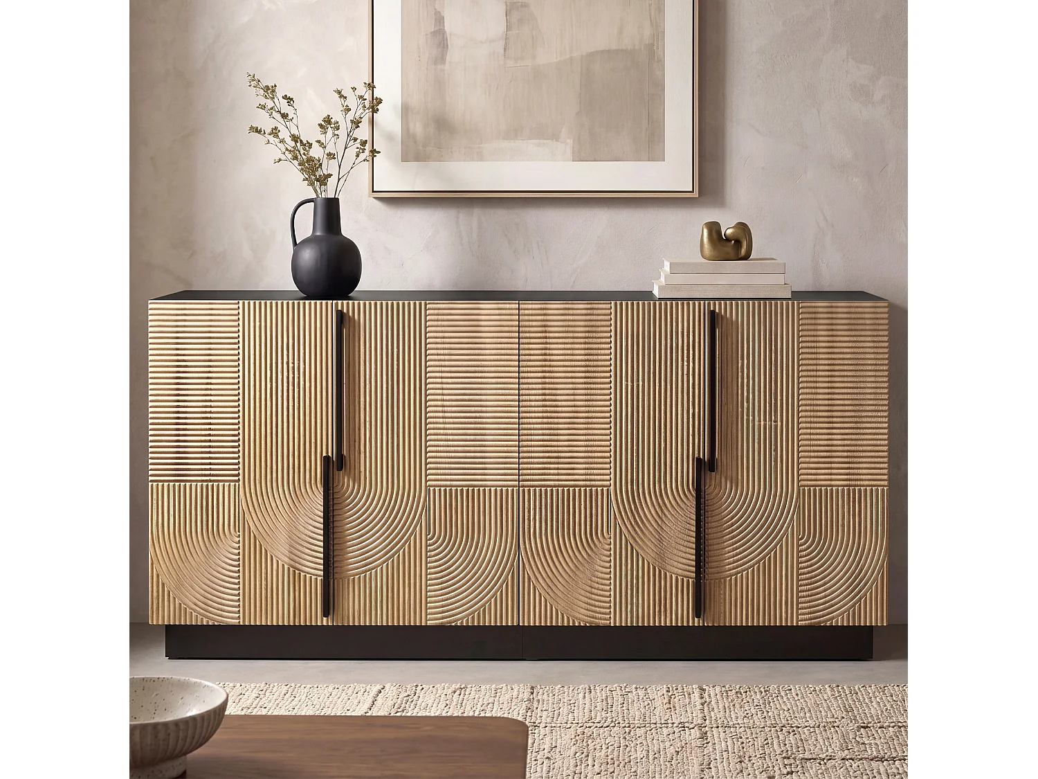 Buffet 4 portes avec étagères de rangement – 160 x 42 x 76 cm – Panneaux de particules et MDF – Naturel et noir
