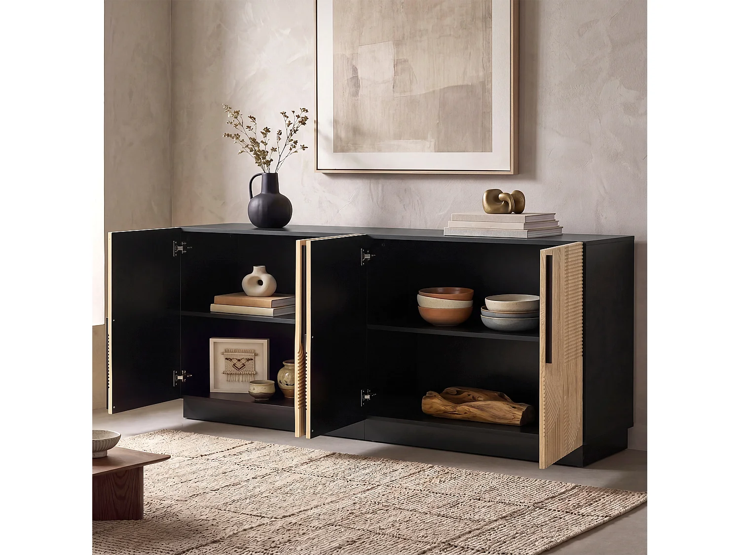 Buffet 4 portes avec étagères de rangement – 160 x 42 x 76 cm – Panneaux de particules et MDF – Naturel et noir