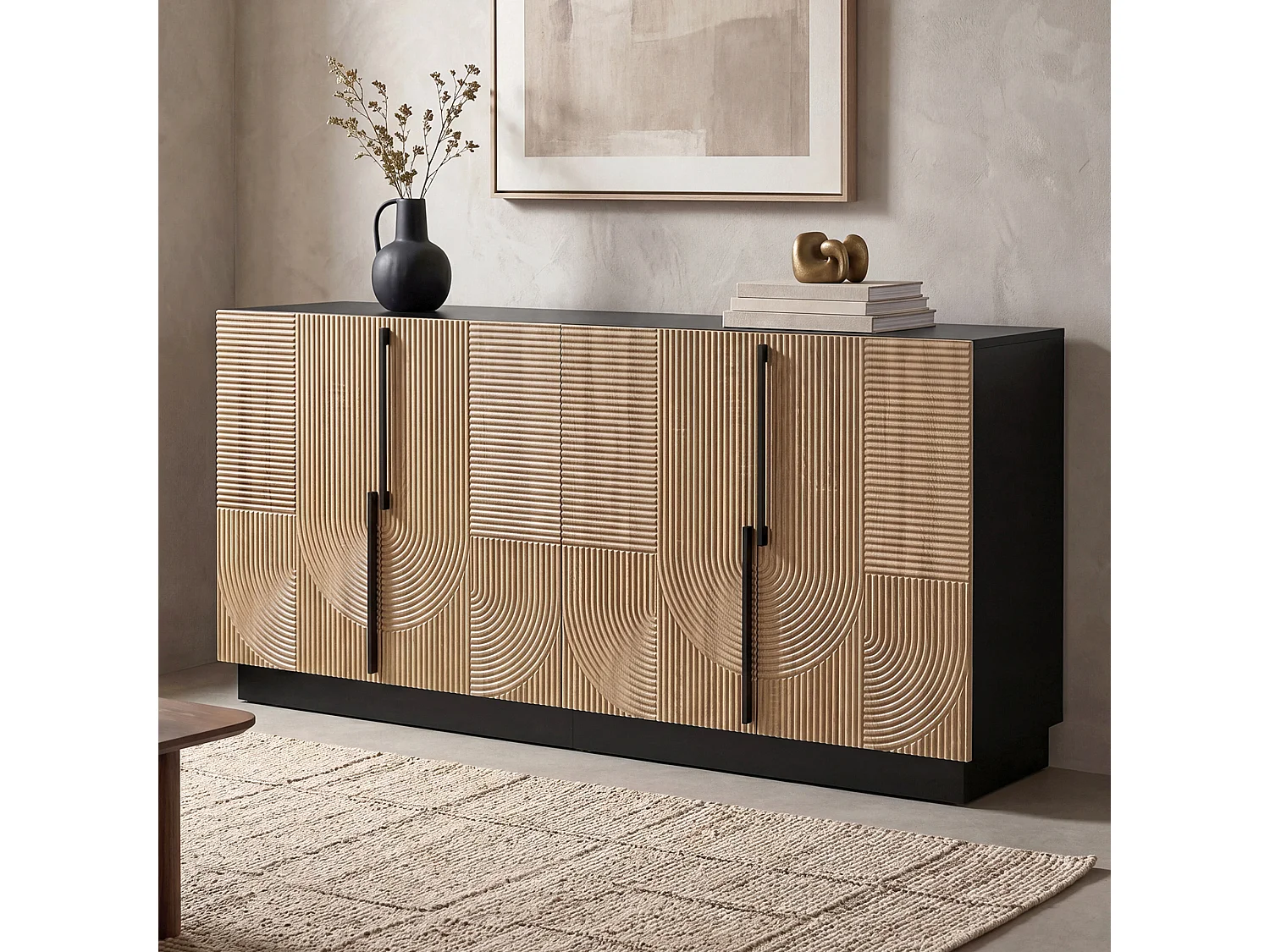 Buffet 4 portes avec étagères de rangement – 160 x 42 x 76 cm – Panneaux de particules et MDF – Naturel et noir