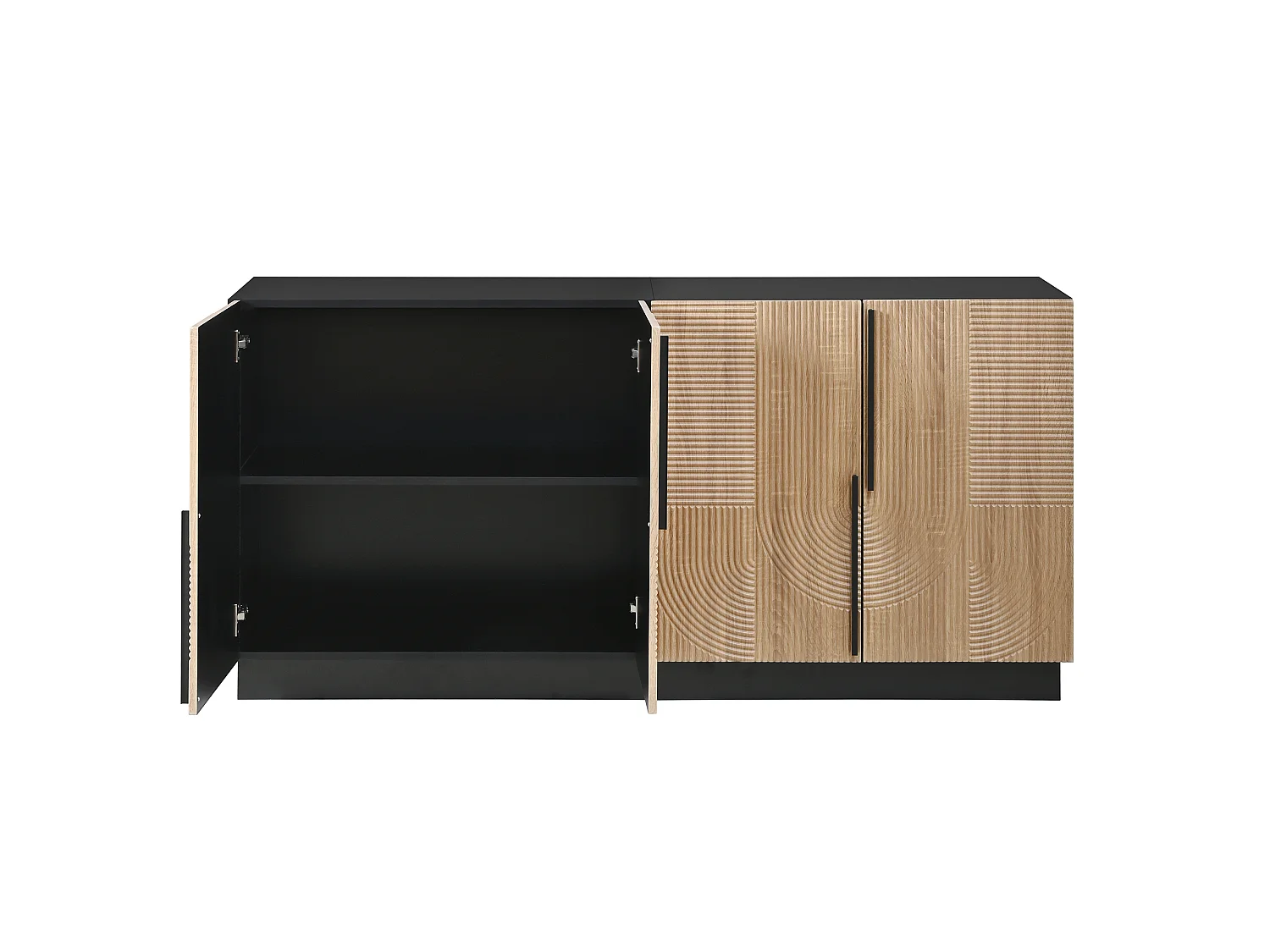 Buffet 4 portes avec étagères de rangement – 160 x 42 x 76 cm – Panneaux de particules et MDF – Naturel et noir