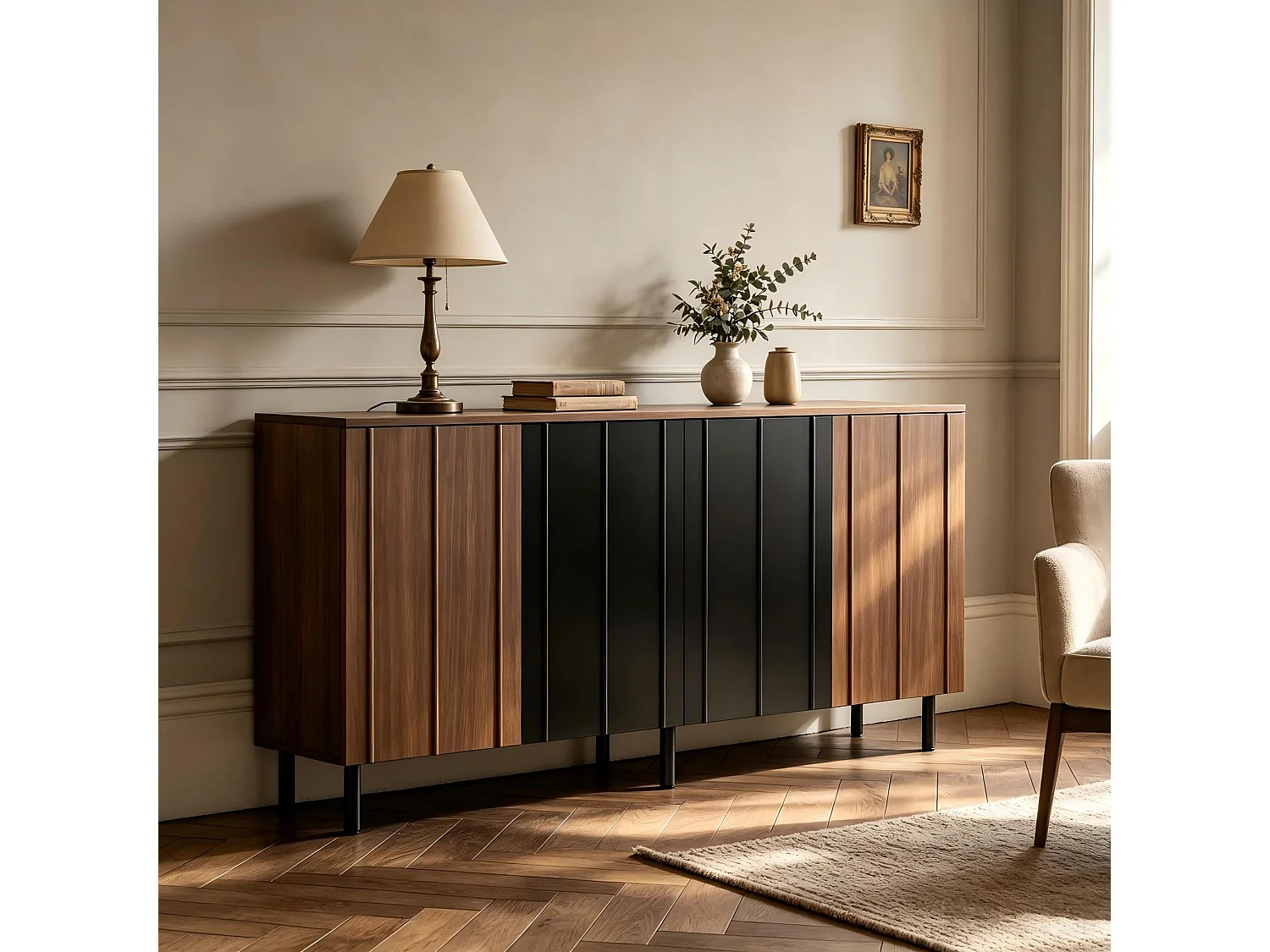 Sideboard mit vier Türen, verstellbaren Einlegeböden und Metallbeinen – Spanplatte – 160 x 35 x 80 cm – Nussbaum und Schwarz