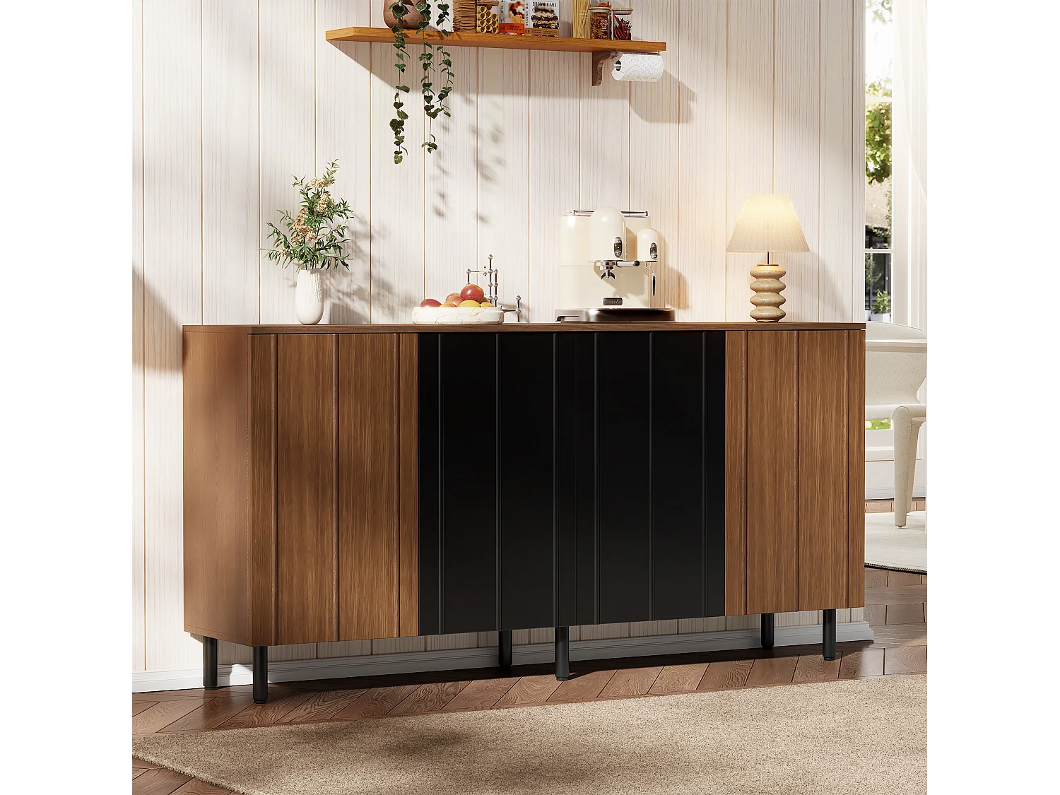 Sideboard mit vier Türen, verstellbaren Einlegeböden und Metallbeinen – Spanplatte – 160 x 35 x 80 cm – Nussbaum und Schwarz