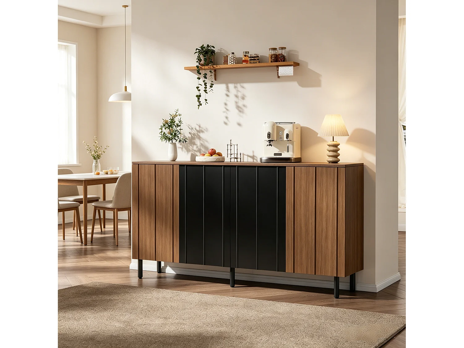 Sideboard mit vier Türen, verstellbaren Einlegeböden und Metallbeinen – Spanplatte – 160 x 35 x 80 cm – Nussbaum und Schwarz