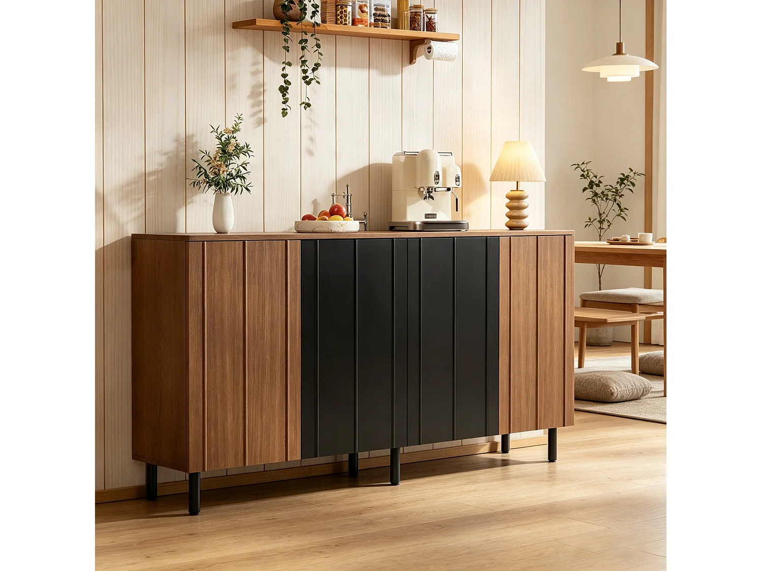 Sideboard mit vier Türen, verstellbaren Einlegeböden und Metallbeinen – Spanplatte – 160 x 35 x 80 cm – Nussbaum und Schwarz