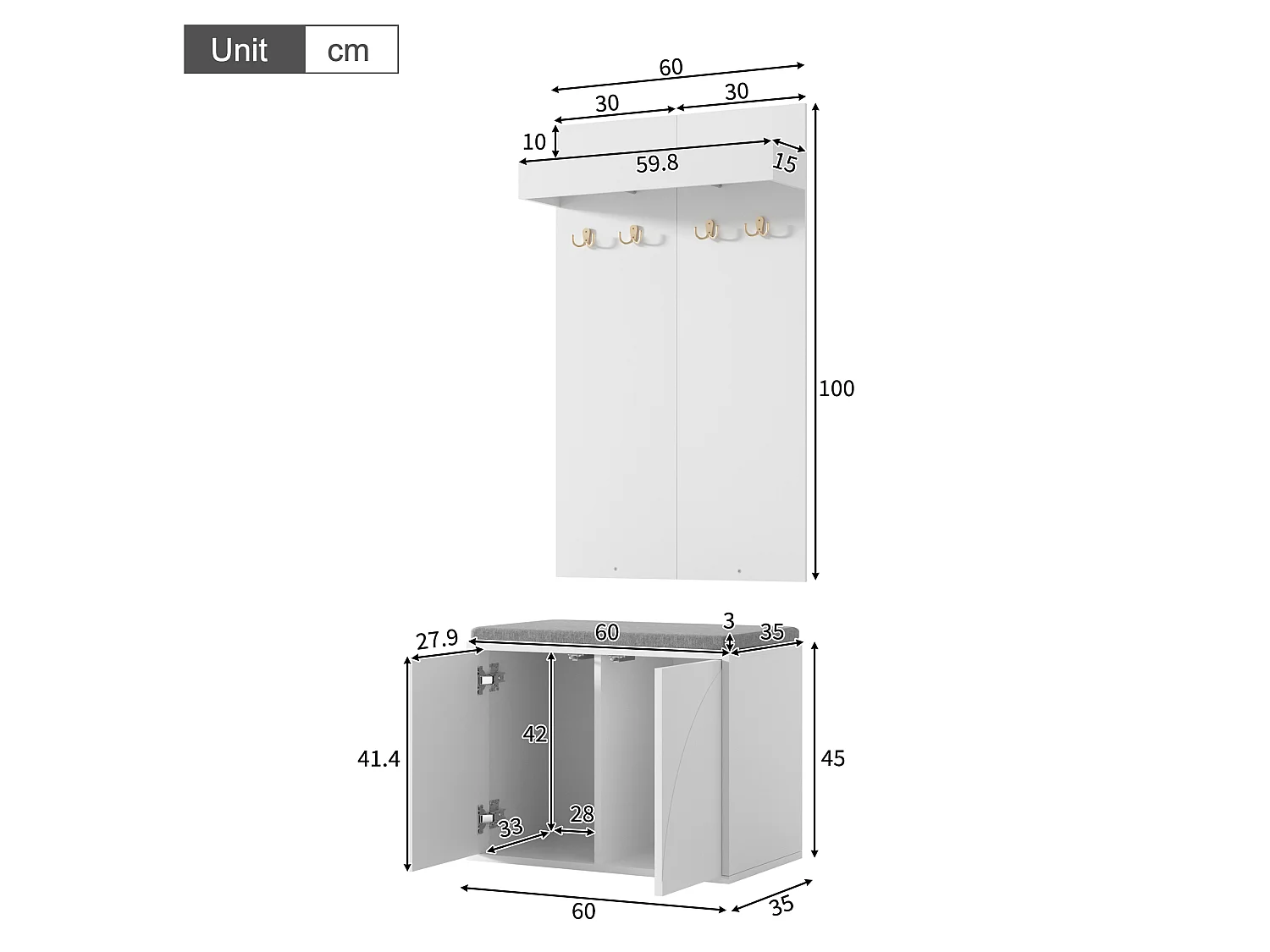 3-in-1 shoe cabinet with bench, 2 doors and 4 hooks - Particleboard - 60 x 35 x 145 cm - White