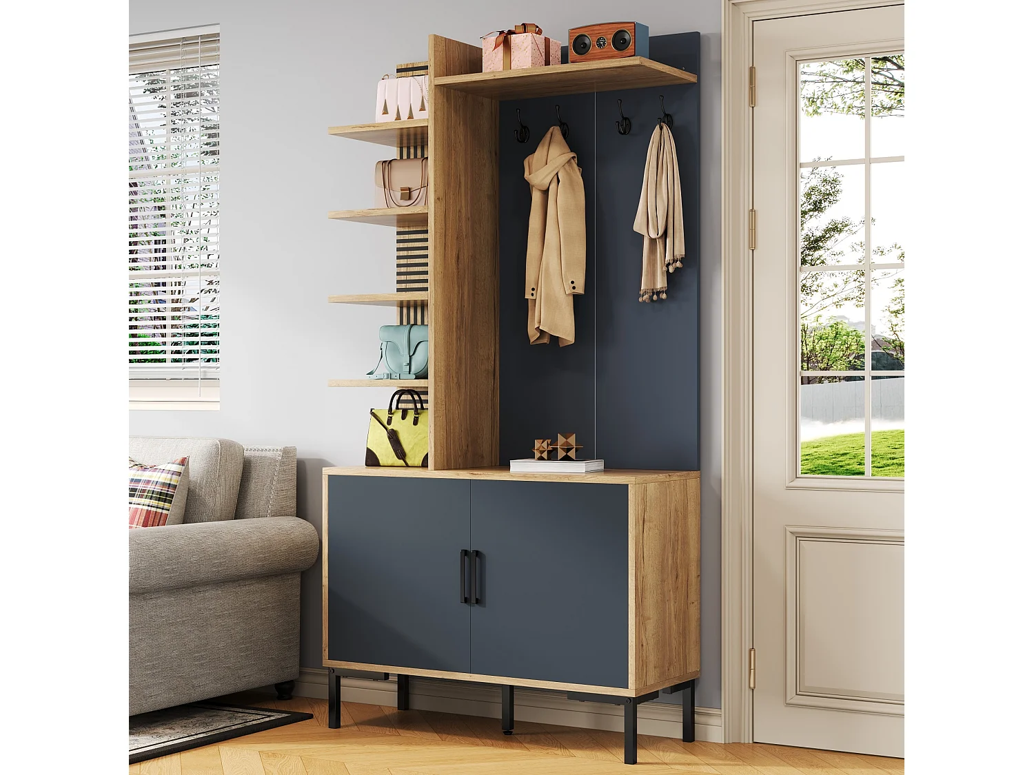 Shoe cabinet with 2 doors, adjustable shelves, hooks and dividers - Particleboard - 100x40x190.5 cm - Wood and black