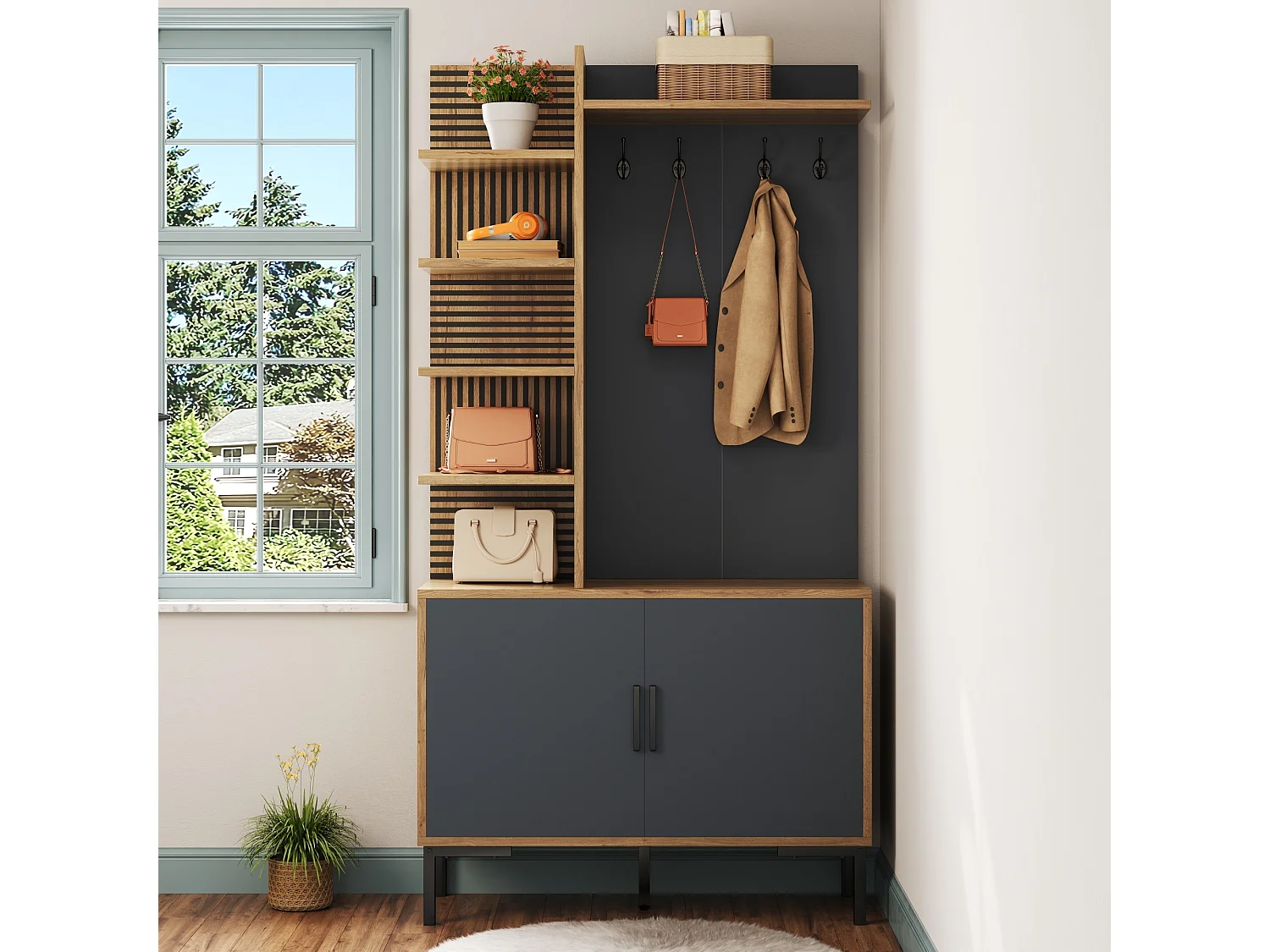 Shoe cabinet with 2 doors, adjustable shelves, hooks and dividers - Particleboard - 100x40x190.5 cm - Wood and black