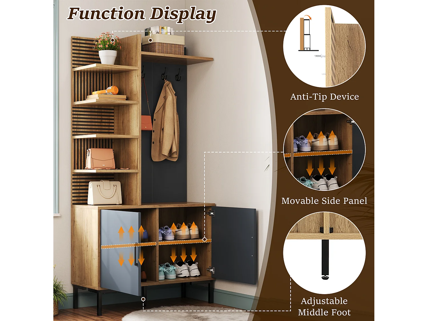 Shoe cabinet with 2 doors, adjustable shelves, hooks and dividers - Particleboard - 100x40x190.5 cm - Wood and black