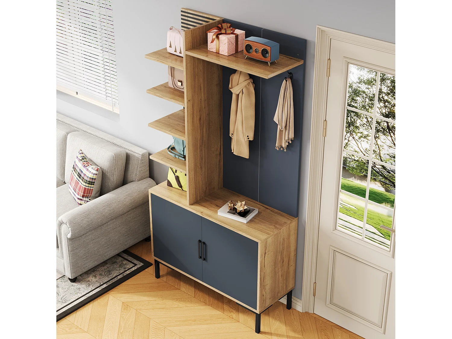 Shoe cabinet with 2 doors, adjustable shelves, hooks and dividers - Particleboard - 100x40x190.5 cm - Wood and black