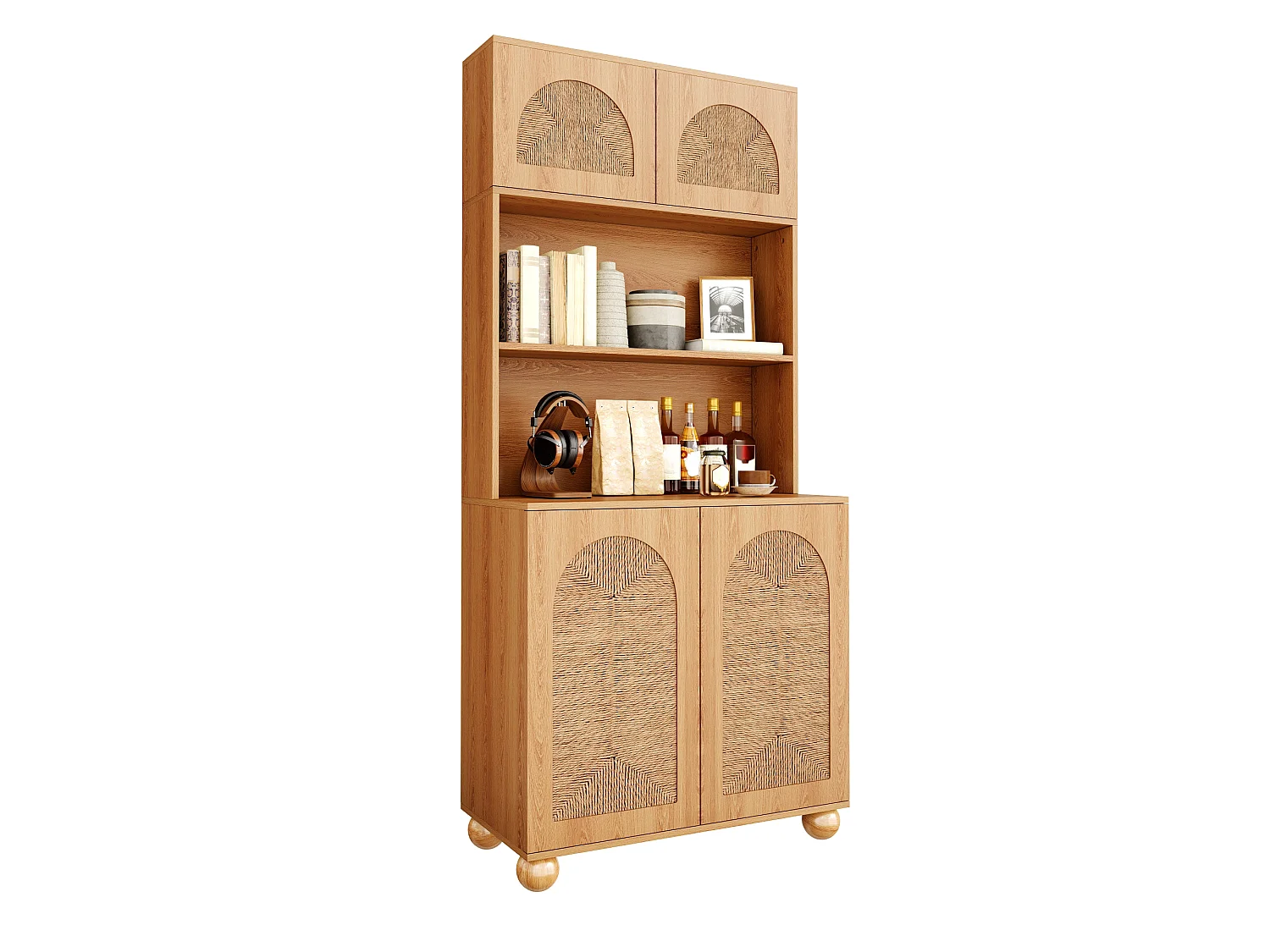 Hohes Sideboard mit 4 geflochtenen Türen und offenem Mittelfach – Spanplatte + MDF – 80 × 40 × 180 cm – Naturholz