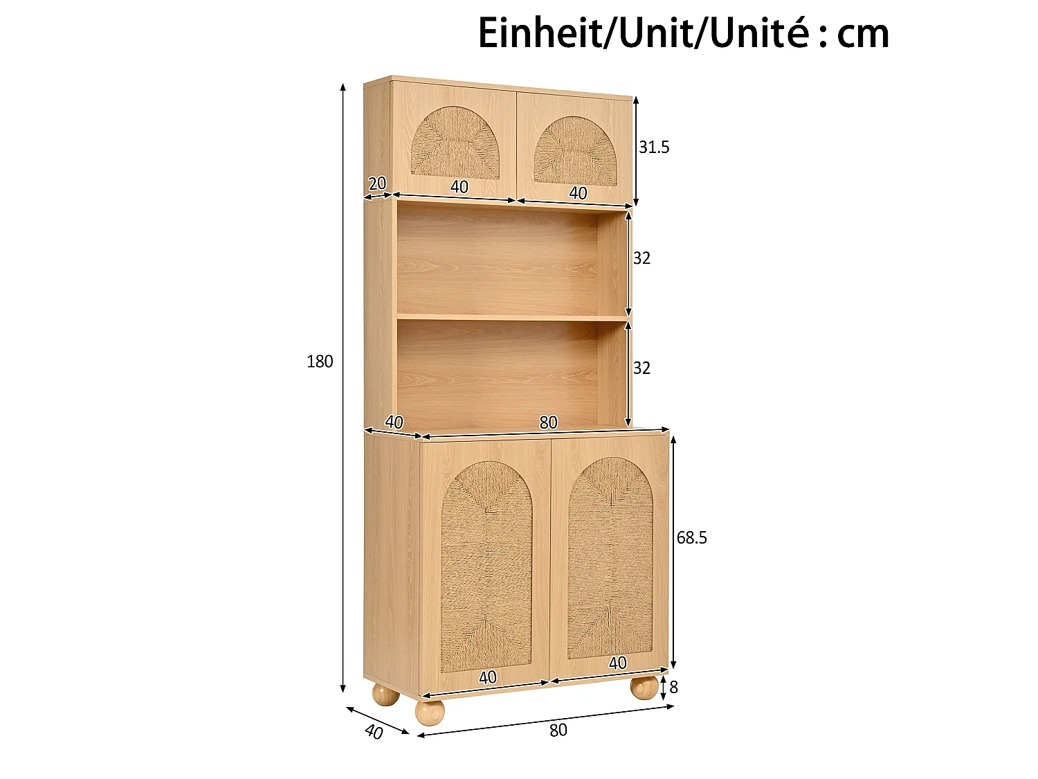 Hohes Sideboard mit 4 geflochtenen Türen und offenem Mittelfach – Spanplatte + MDF – 80 × 40 × 180 cm – Naturholz