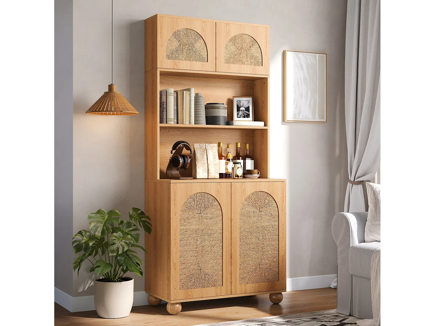 Hohes Sideboard mit 4 geflochtenen Türen und offenem Mittelfach – Spanplatte + MDF – 80 × 40 × 180 cm – Naturholz