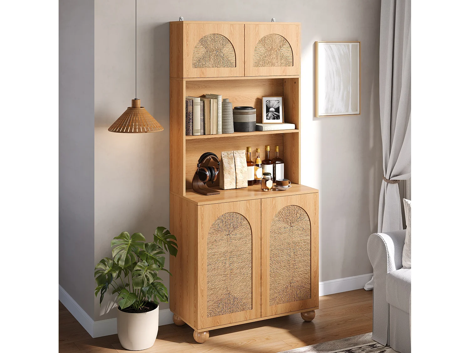 Hohes Sideboard mit 4 geflochtenen Türen und offenem Mittelfach – Spanplatte + MDF – 80 × 40 × 180 cm – Naturholz