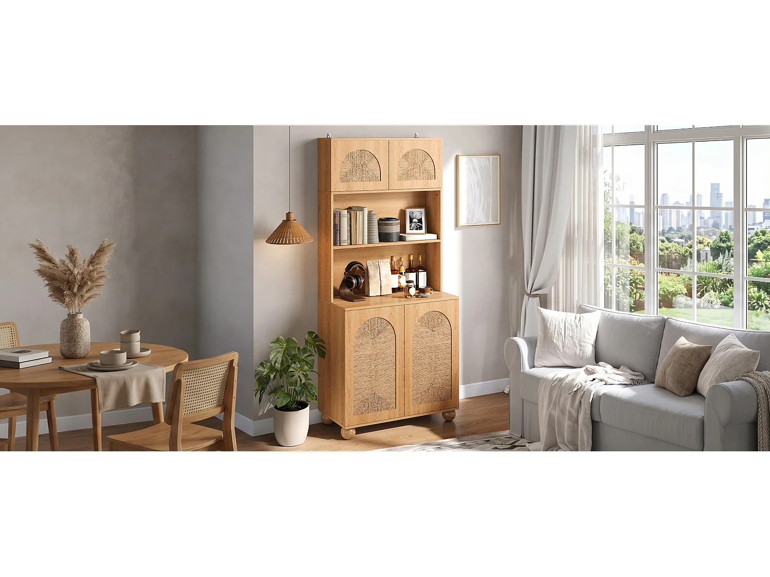 Hohes Sideboard mit 4 geflochtenen Türen und offenem Mittelfach – Spanplatte + MDF – 80 × 40 × 180 cm – Naturholz