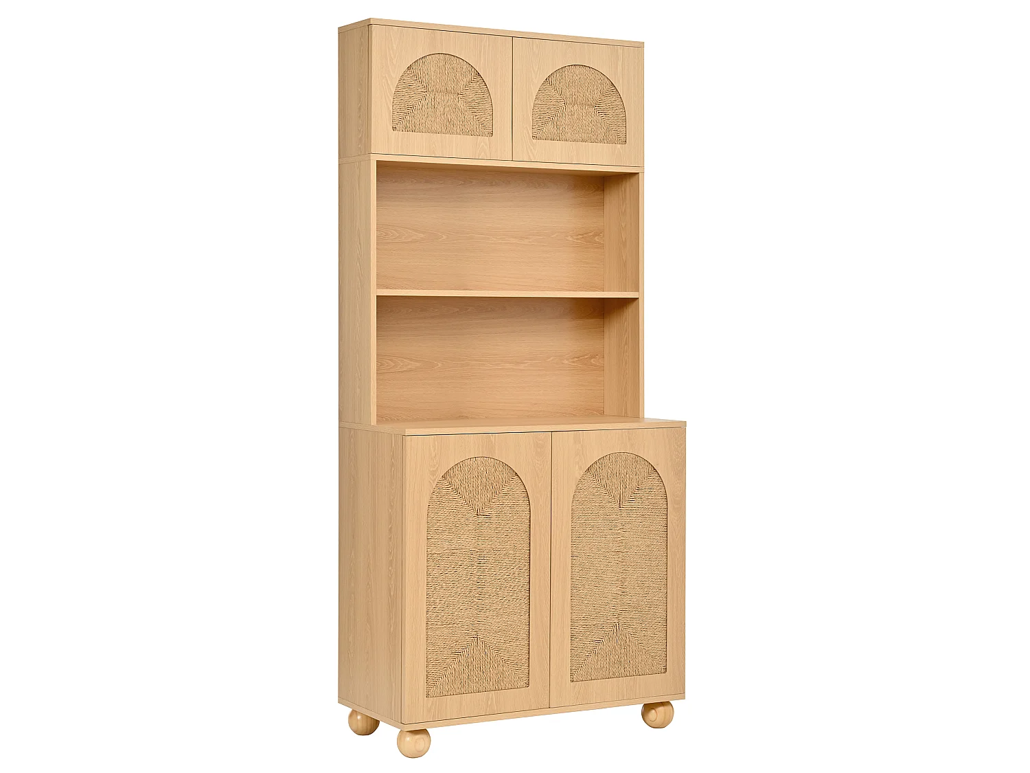 Hohes Sideboard mit 4 geflochtenen Türen und offenem Mittelfach – Spanplatte + MDF – 80 × 40 × 180 cm – Naturholz