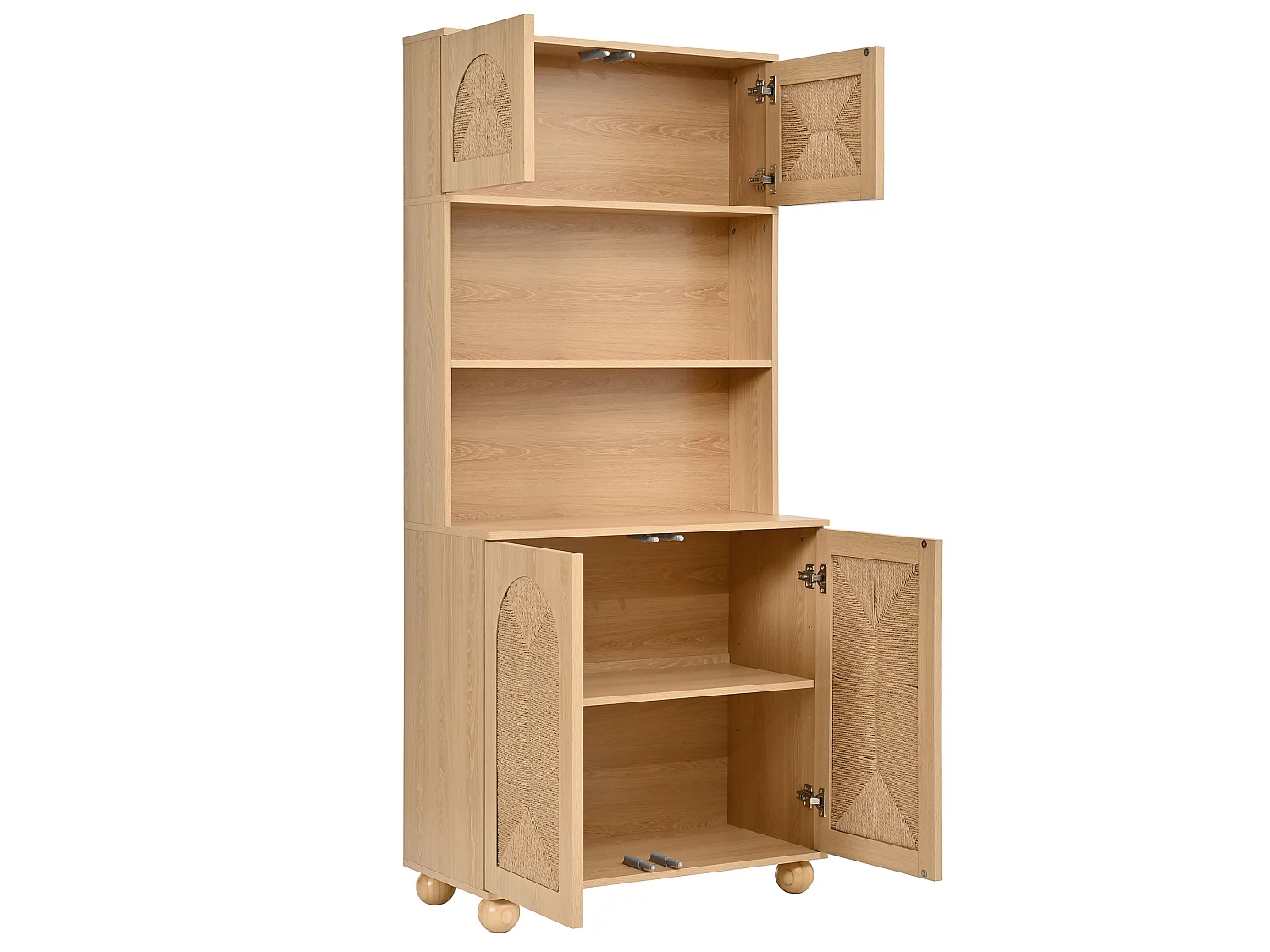 Hohes Sideboard mit 4 geflochtenen Türen und offenem Mittelfach – Spanplatte + MDF – 80 × 40 × 180 cm – Naturholz