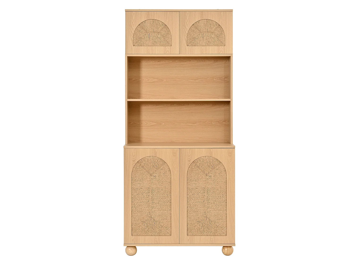 Hohes Sideboard mit 4 geflochtenen Türen und offenem Mittelfach – Spanplatte + MDF – 80 × 40 × 180 cm – Naturholz