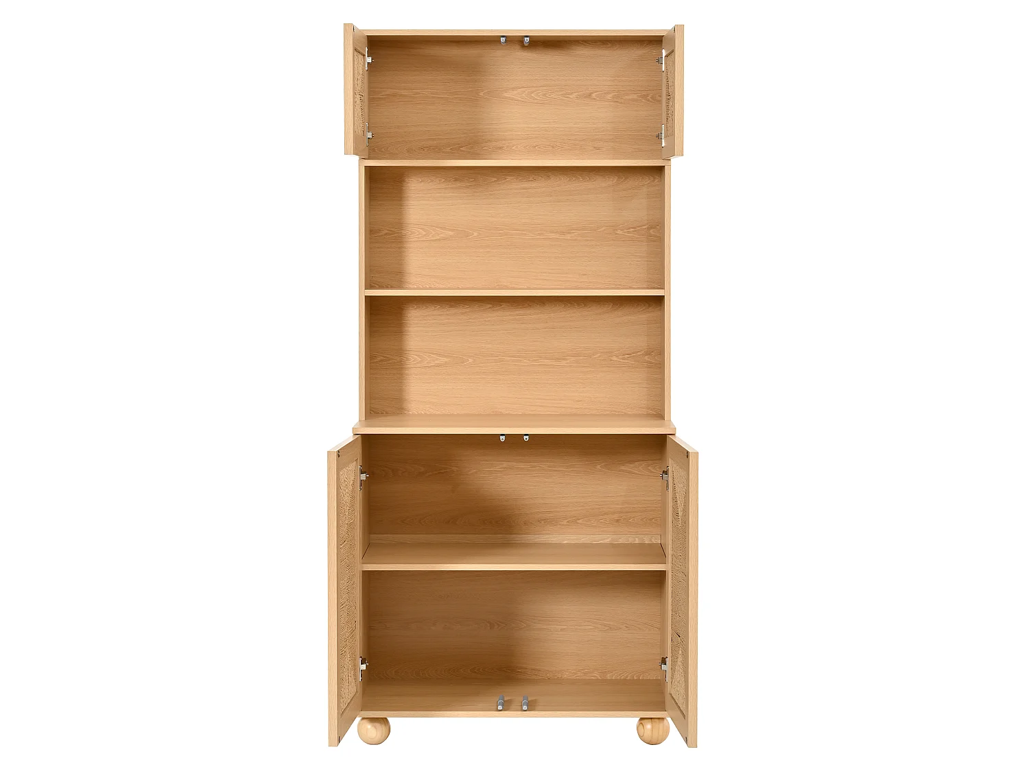 Hohes Sideboard mit 4 geflochtenen Türen und offenem Mittelfach – Spanplatte + MDF – 80 × 40 × 180 cm – Naturholz