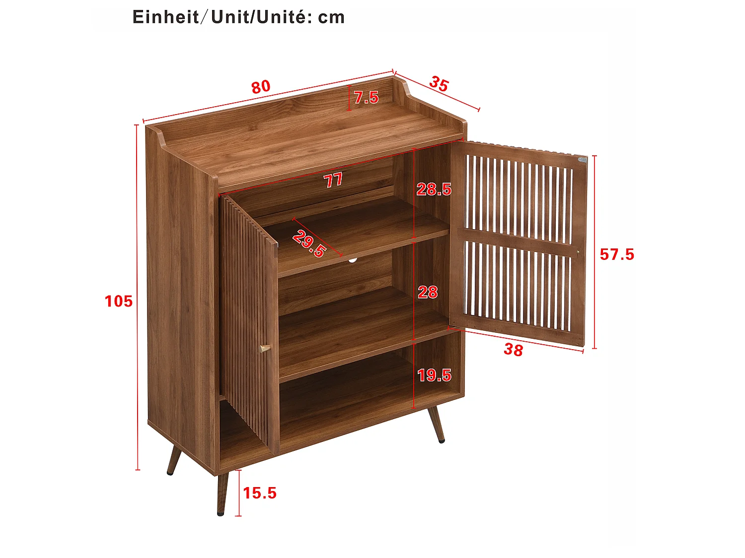 Schuhschrank mit 2 Türen, offenem Fach und geschlossenem Stauraum – MDF, Kiefer und Eisen – 80 x 35 x 105 cm – Naturholz