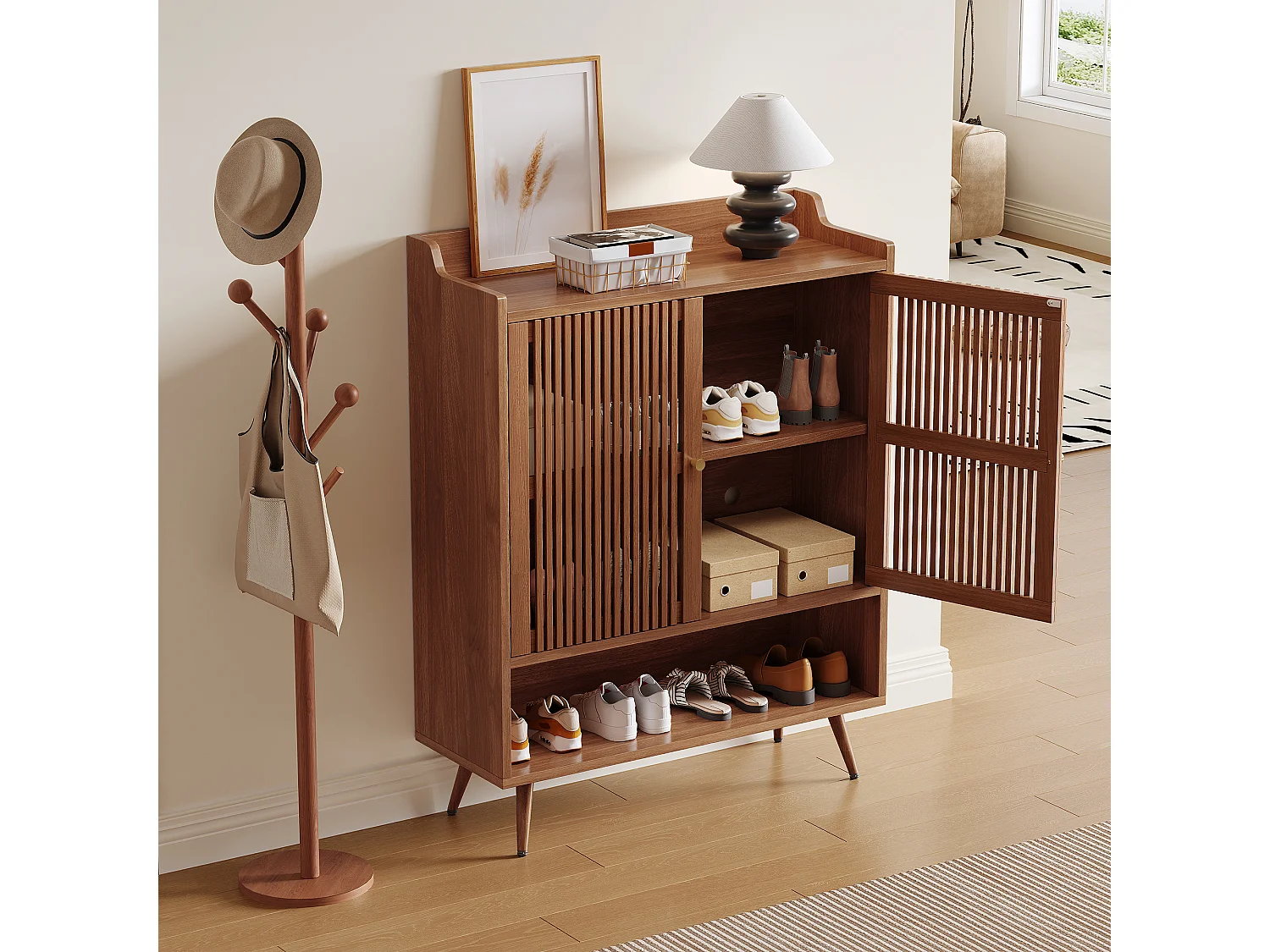 Schuhschrank mit 2 Türen, offenem Fach und geschlossenem Stauraum – MDF, Kiefer und Eisen – 80 x 35 x 105 cm – Naturholz