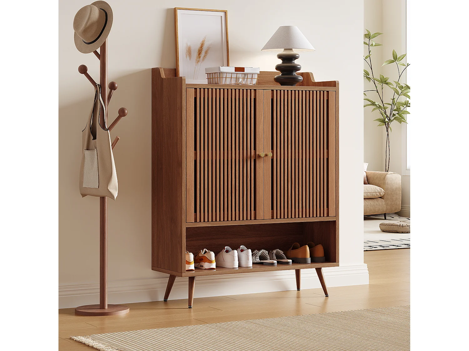 Schuhschrank mit 2 Türen, offenem Fach und geschlossenem Stauraum – MDF, Kiefer und Eisen – 80 x 35 x 105 cm – Naturholz