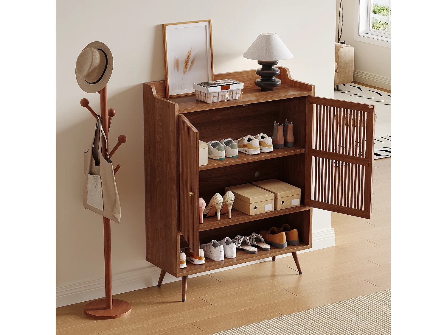 Schuhschrank mit 2 Türen, offenem Fach und geschlossenem Stauraum – MDF, Kiefer und Eisen – 80 x 35 x 105 cm – Naturholz
