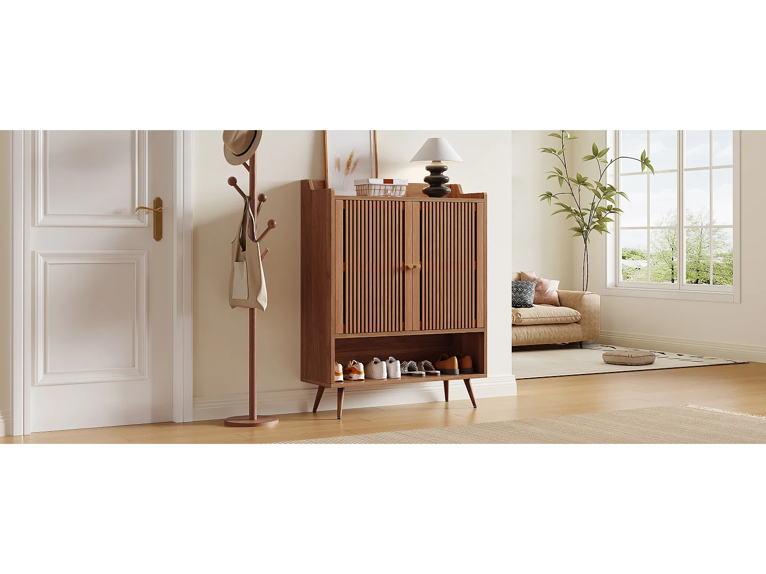 Schuhschrank mit 2 Türen, offenem Fach und geschlossenem Stauraum – MDF, Kiefer und Eisen – 80 x 35 x 105 cm – Naturholz