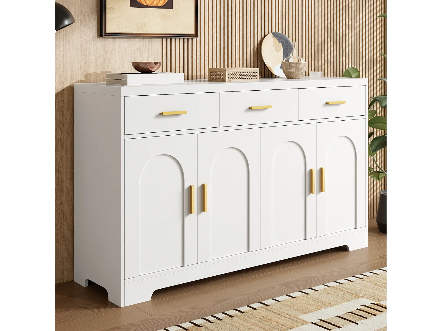 Niedriges Sideboard mit 4 Türen, 3 Schubladen und verstellbaren Einlegeböden – 140 x 40 x 83 cm – MDF – Weiß
