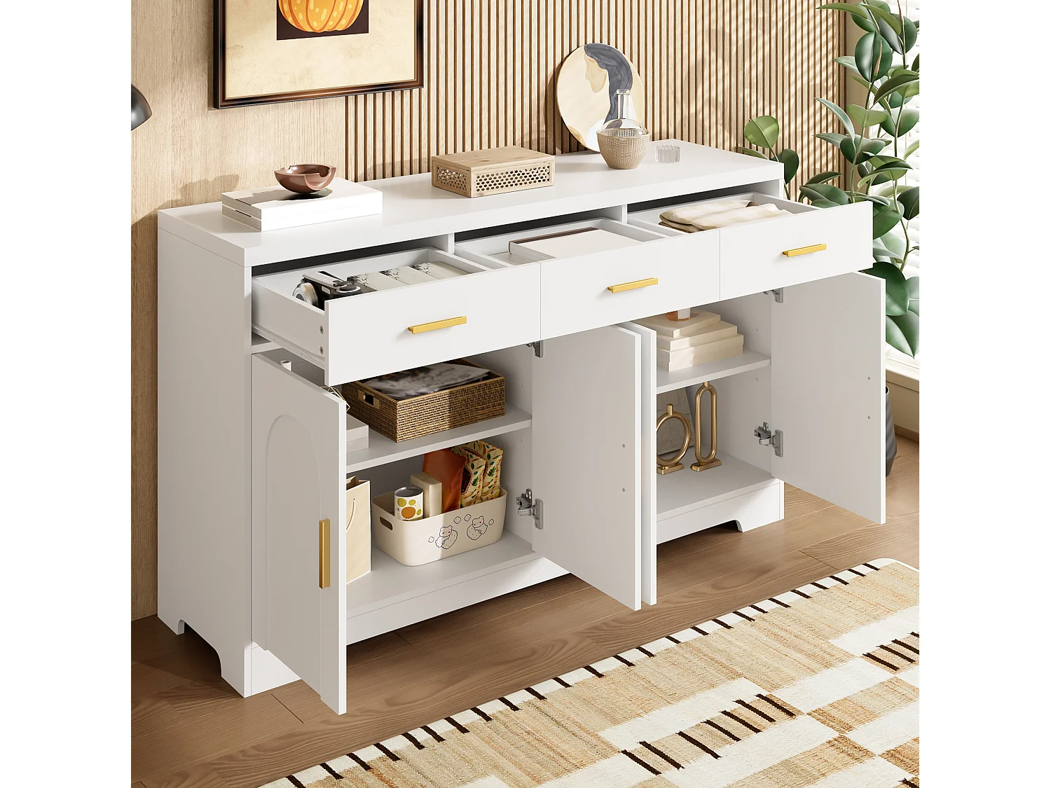 Niedriges Sideboard mit 4 Türen, 3 Schubladen und verstellbaren Einlegeböden – 140 x 40 x 83 cm – MDF – Weiß