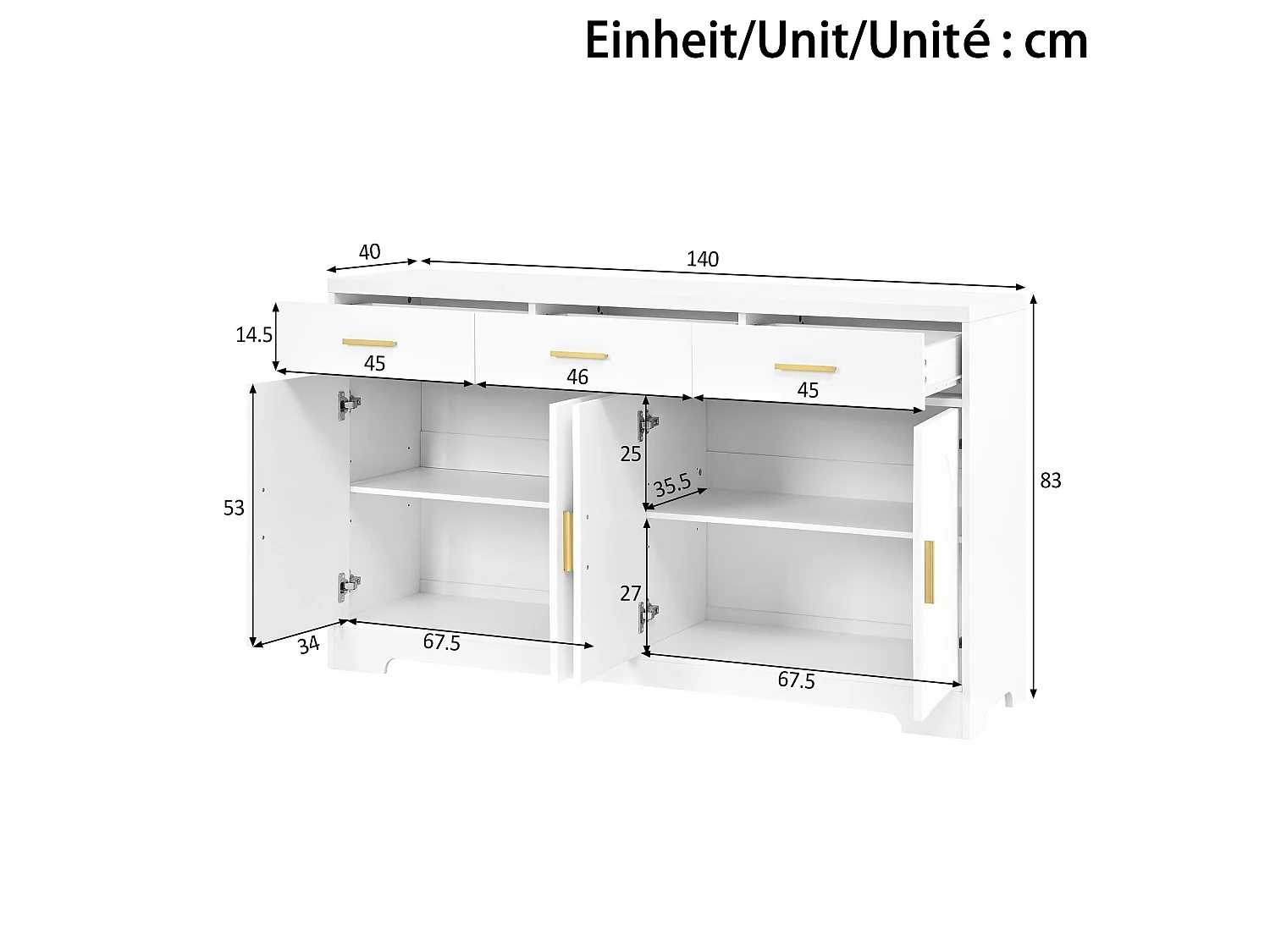 Niedriges Sideboard mit 4 Türen, 3 Schubladen und verstellbaren Einlegeböden – 140 x 40 x 83 cm – MDF – Weiß
