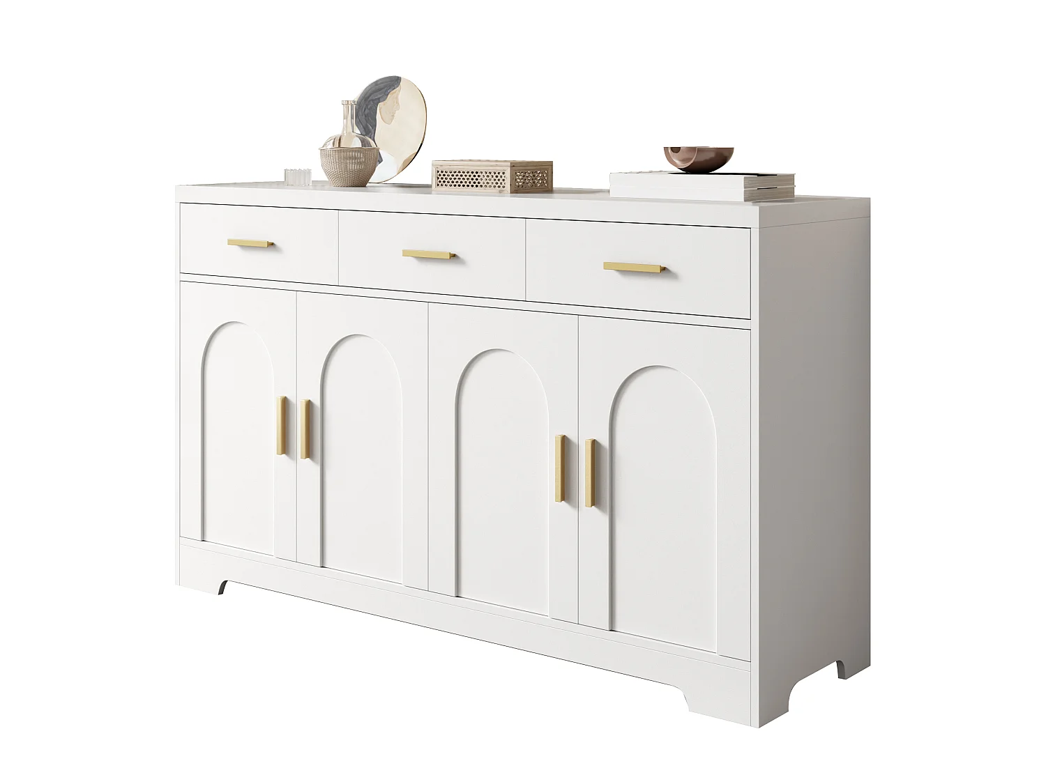 Niedriges Sideboard mit 4 Türen, 3 Schubladen und verstellbaren Einlegeböden – 140 x 40 x 83 cm – MDF – Weiß