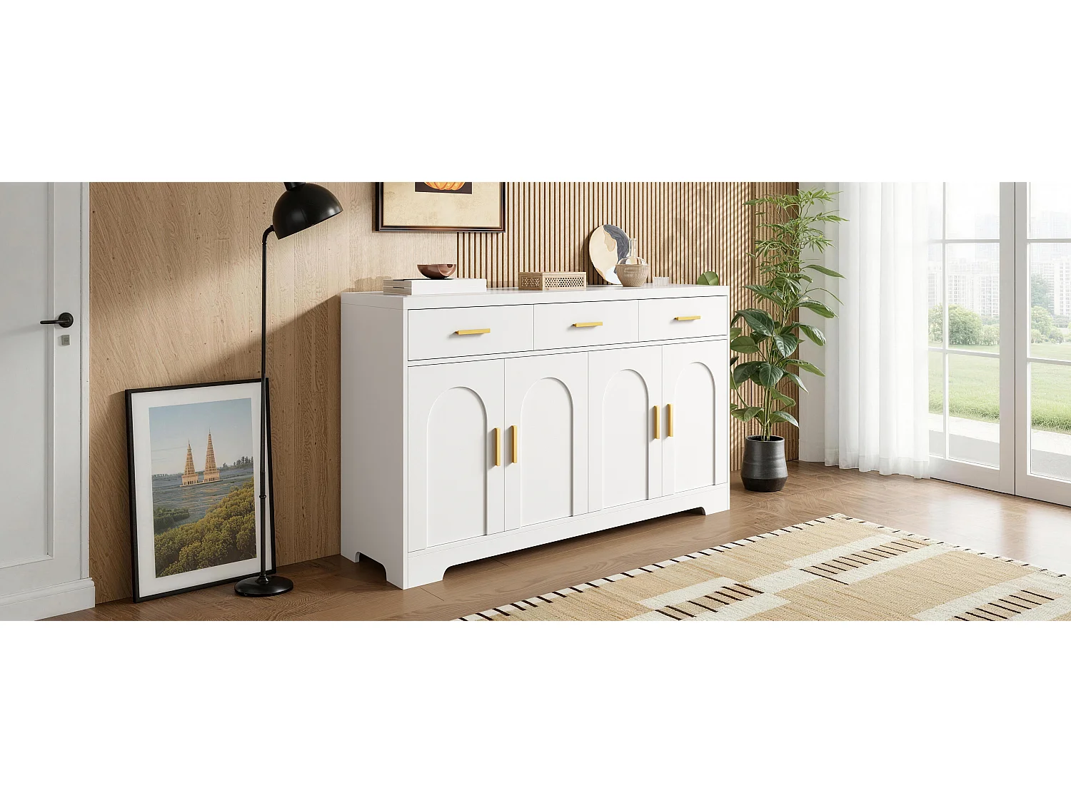 Niedriges Sideboard mit 4 Türen, 3 Schubladen und verstellbaren Einlegeböden – 140 x 40 x 83 cm – MDF – Weiß