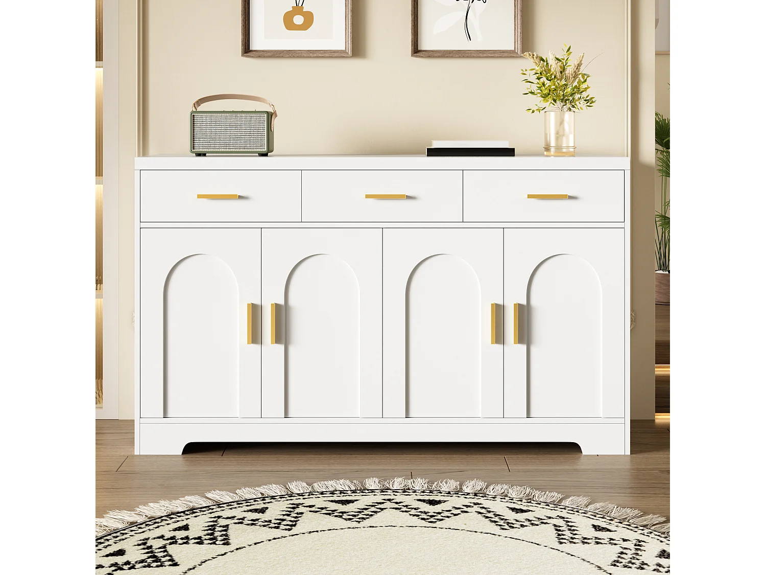 Niedriges Sideboard mit 4 Türen, 3 Schubladen und verstellbaren Einlegeböden – 140 x 40 x 83 cm – MDF – Weiß