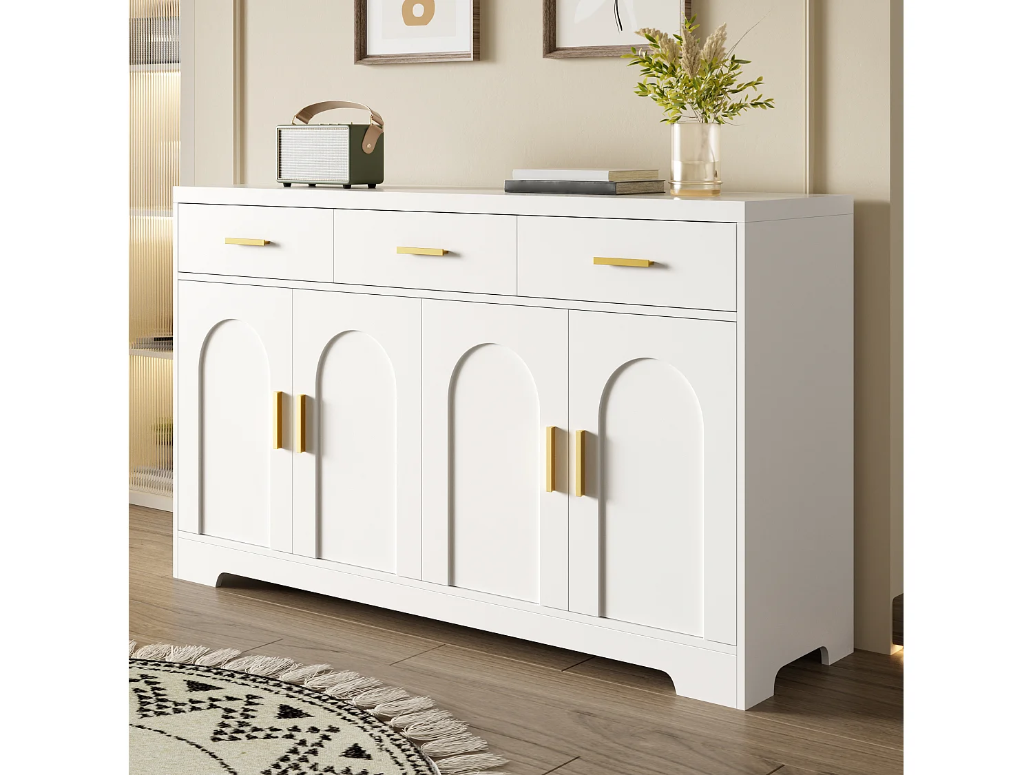 Niedriges Sideboard mit 4 Türen, 3 Schubladen und verstellbaren Einlegeböden – 140 x 40 x 83 cm – MDF – Weiß