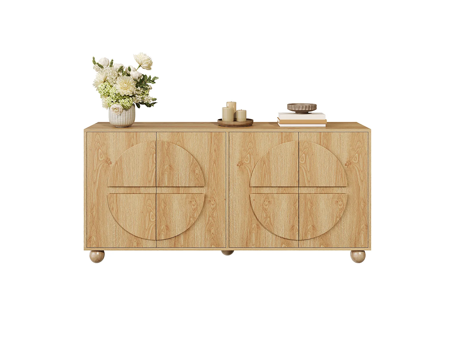 Fyrdörrars skänk med präglade cirkulära motiv och justerbara hyllor - MDF/Furu - 160 × 38 × 76 cm - Naturträ