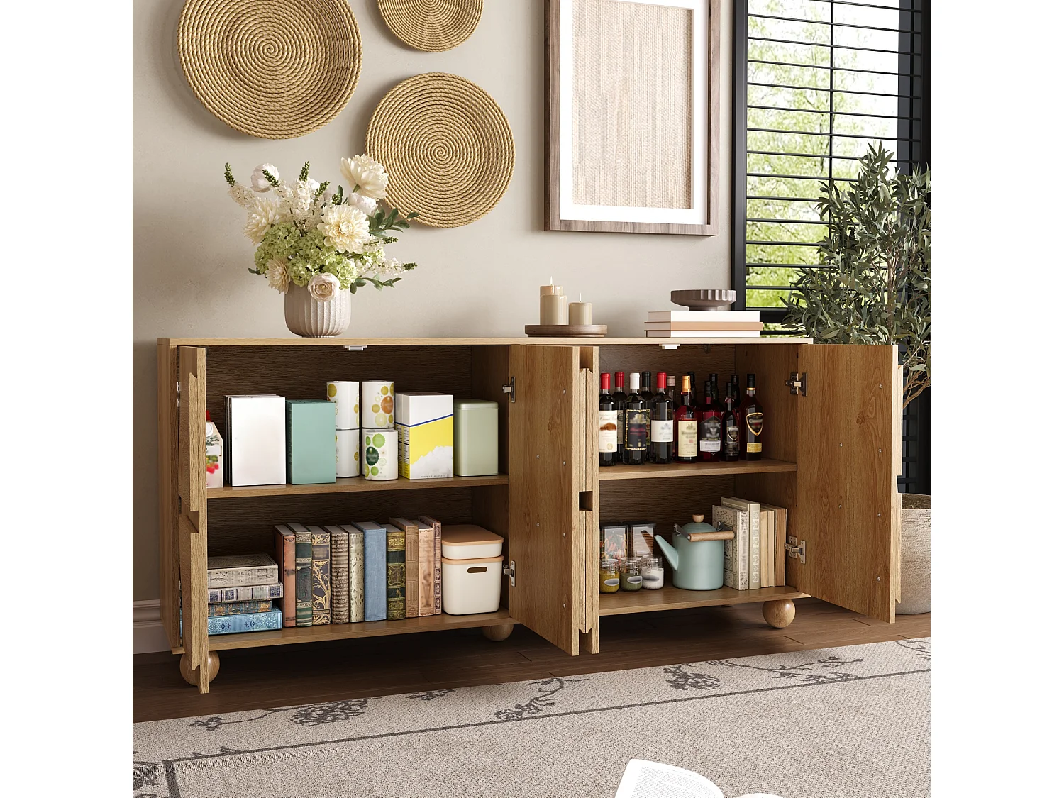 Fyrdörrars skänk med präglade cirkulära motiv och justerbara hyllor - MDF/Furu - 160 × 38 × 76 cm - Naturträ