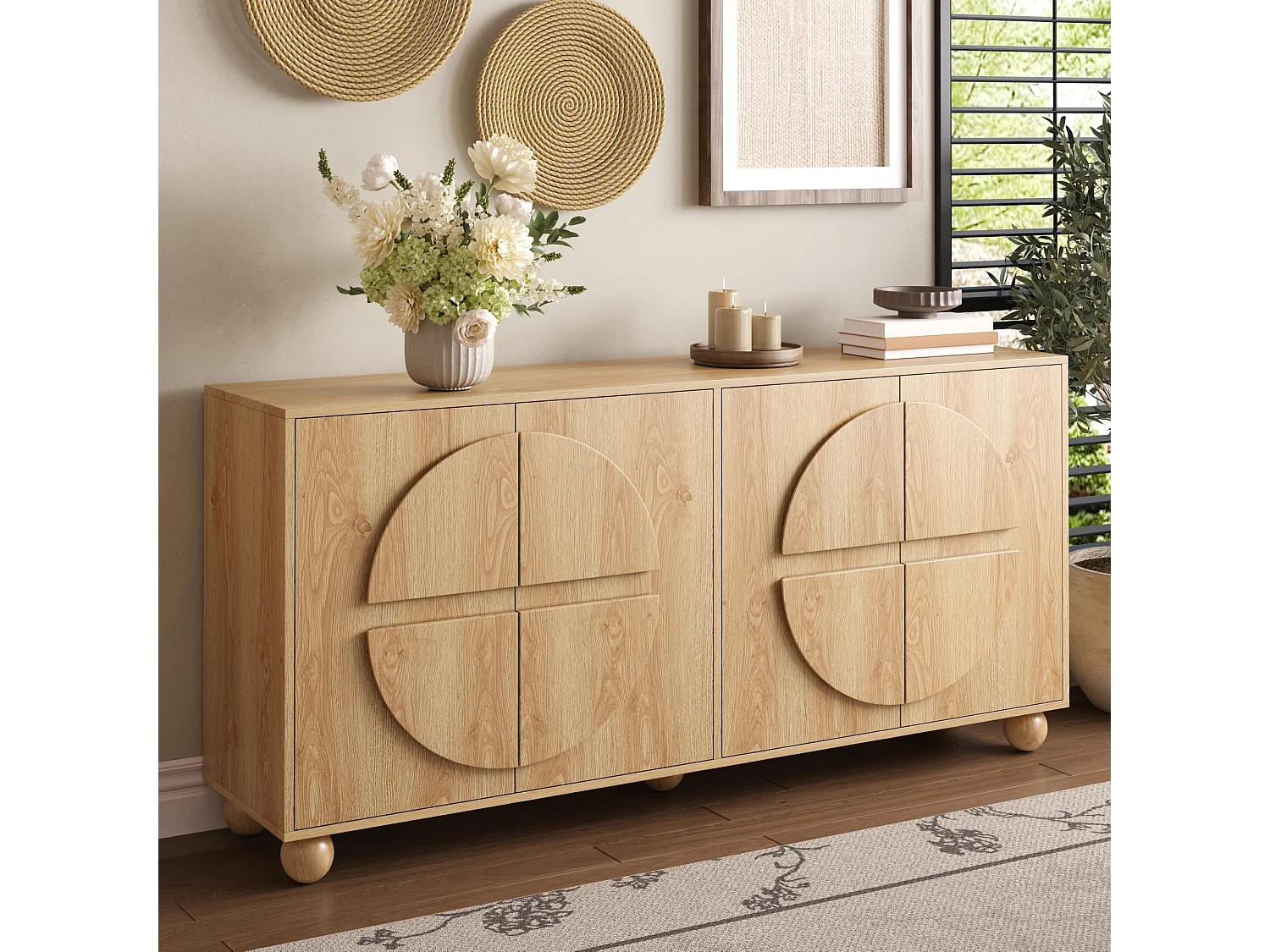 Fyrdörrars skänk med präglade cirkulära motiv och justerbara hyllor - MDF/Furu - 160 × 38 × 76 cm - Naturträ