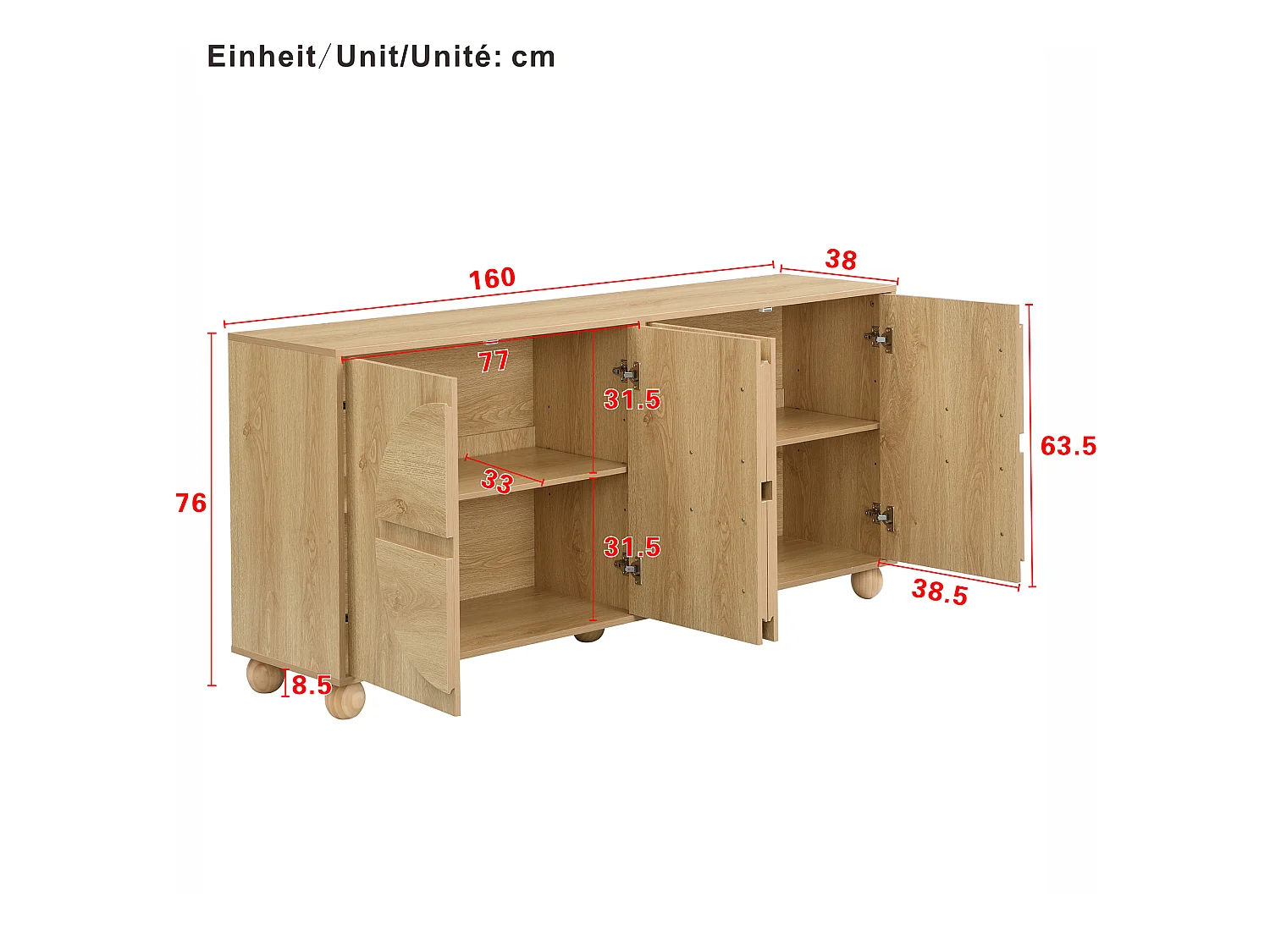 Fyrdörrars skänk med präglade cirkulära motiv och justerbara hyllor - MDF/Furu - 160 × 38 × 76 cm - Naturträ