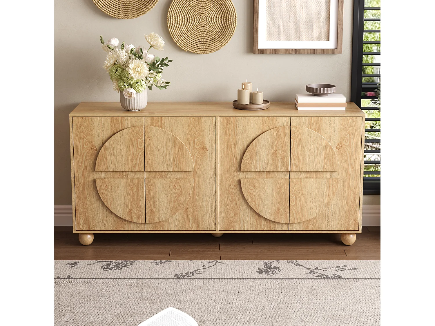 Fyrdörrars skänk med präglade cirkulära motiv och justerbara hyllor - MDF/Furu - 160 × 38 × 76 cm - Naturträ