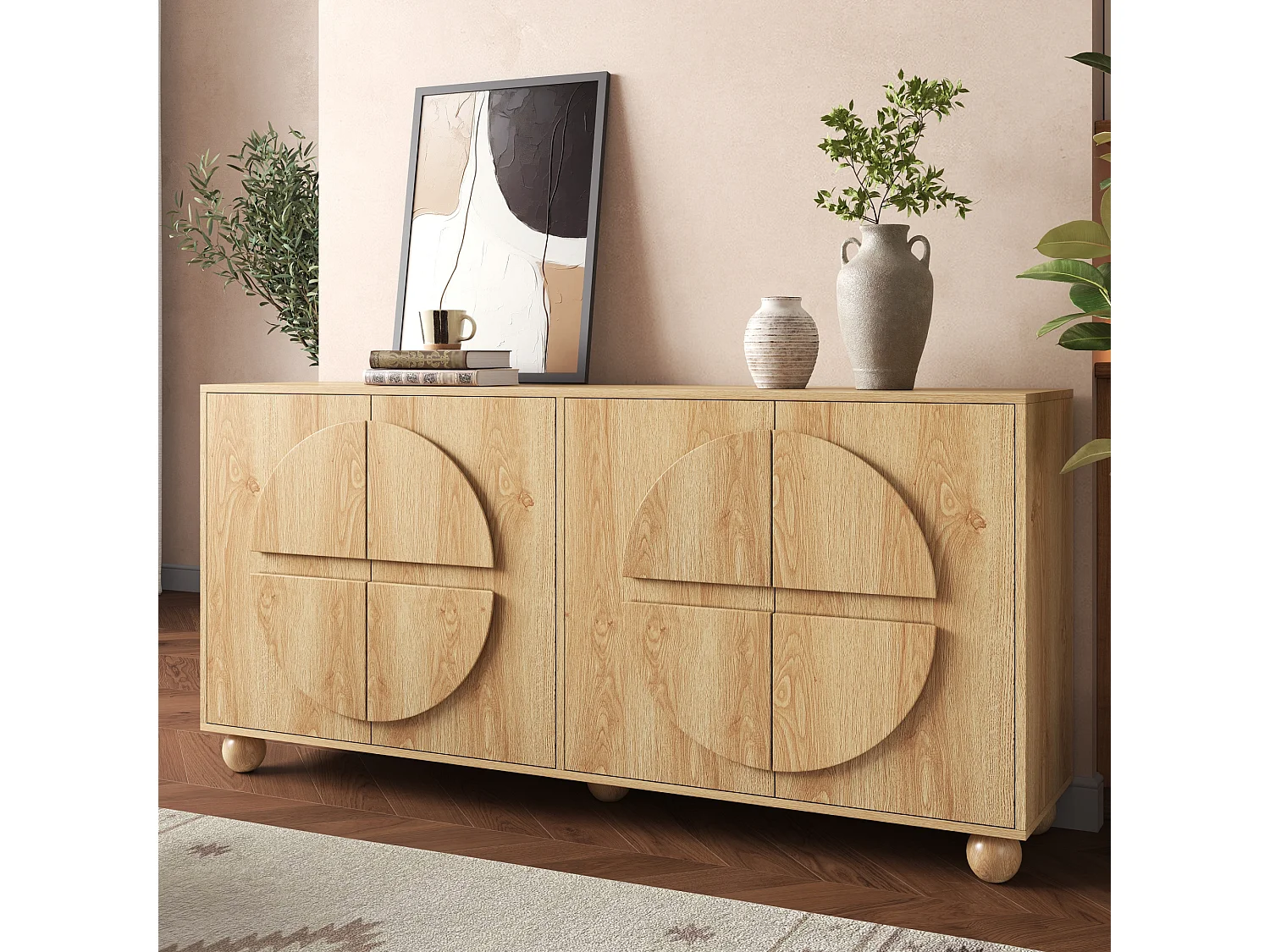 Fyrdörrars skänk med präglade cirkulära motiv och justerbara hyllor - MDF/Furu - 160 × 38 × 76 cm - Naturträ