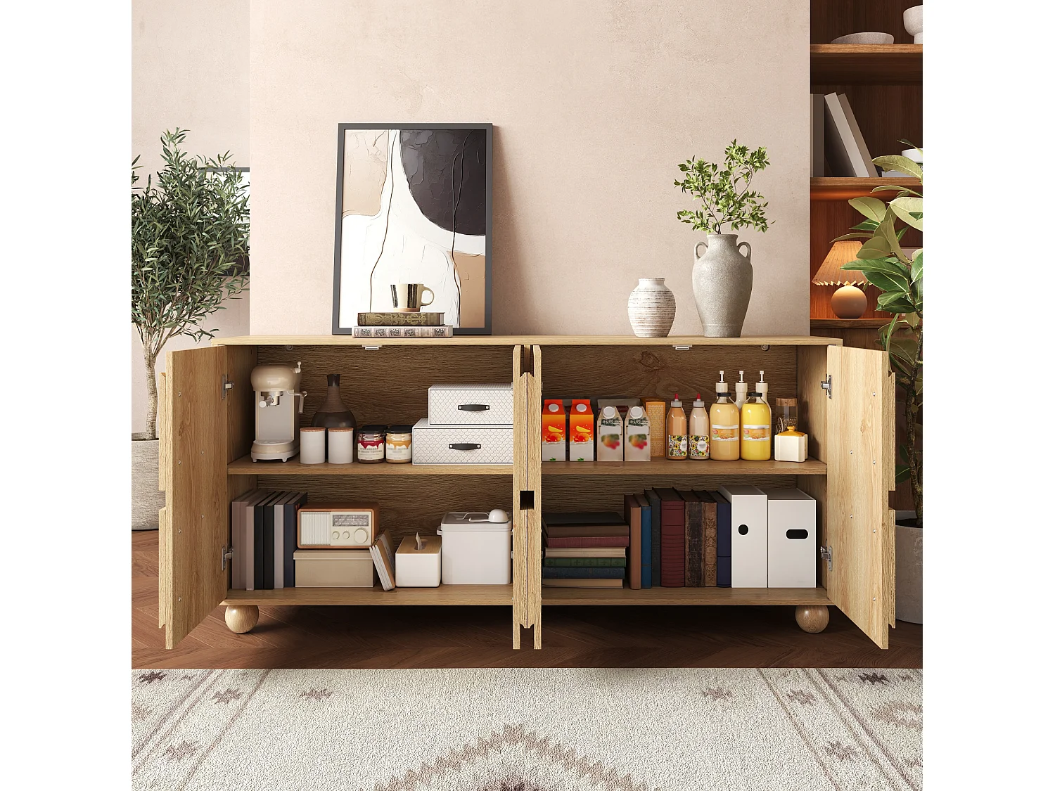 Fyrdörrars skänk med präglade cirkulära motiv och justerbara hyllor - MDF/Furu - 160 × 38 × 76 cm - Naturträ