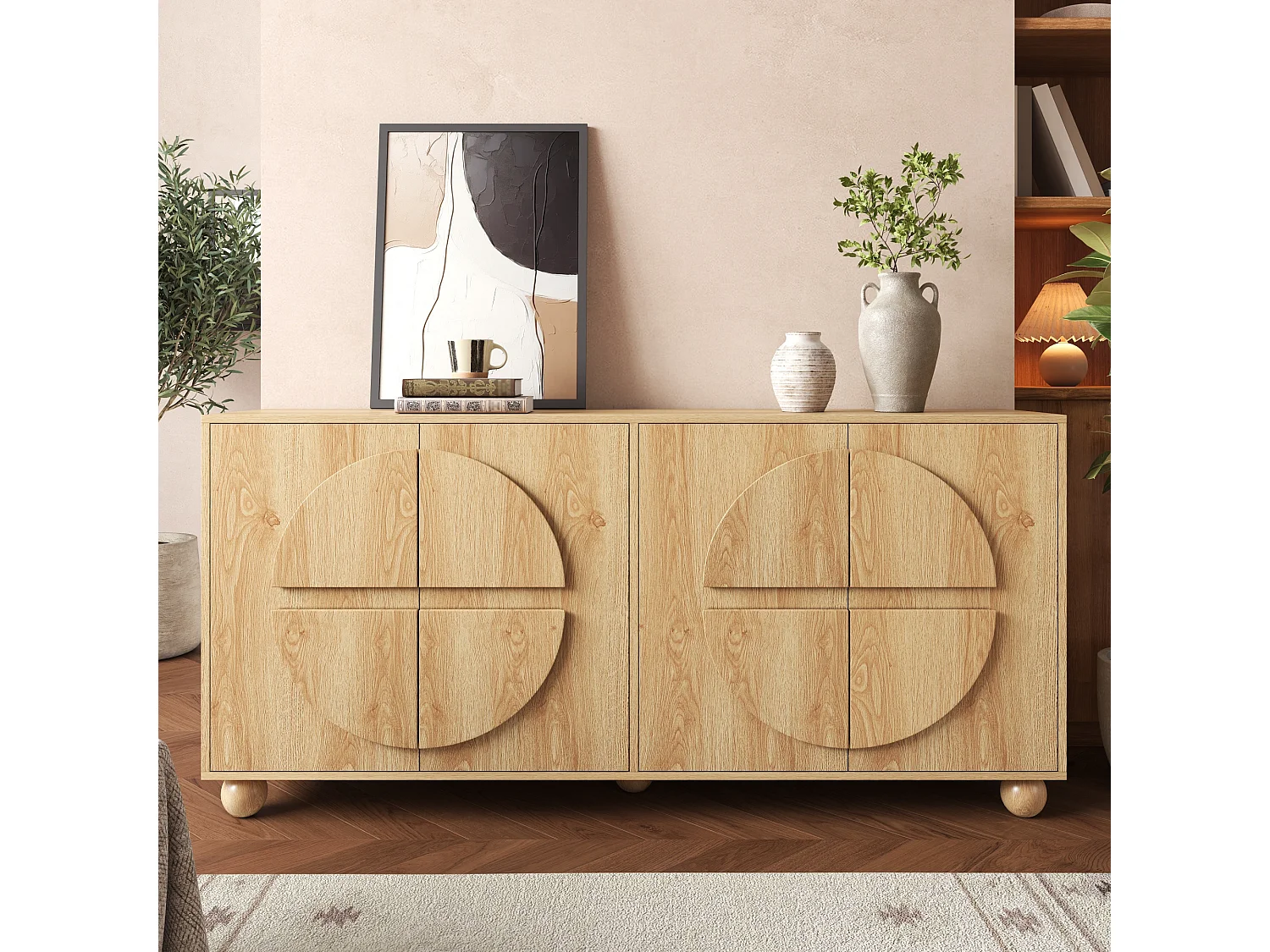 Fyrdörrars skänk med präglade cirkulära motiv och justerbara hyllor - MDF/Furu - 160 × 38 × 76 cm - Naturträ