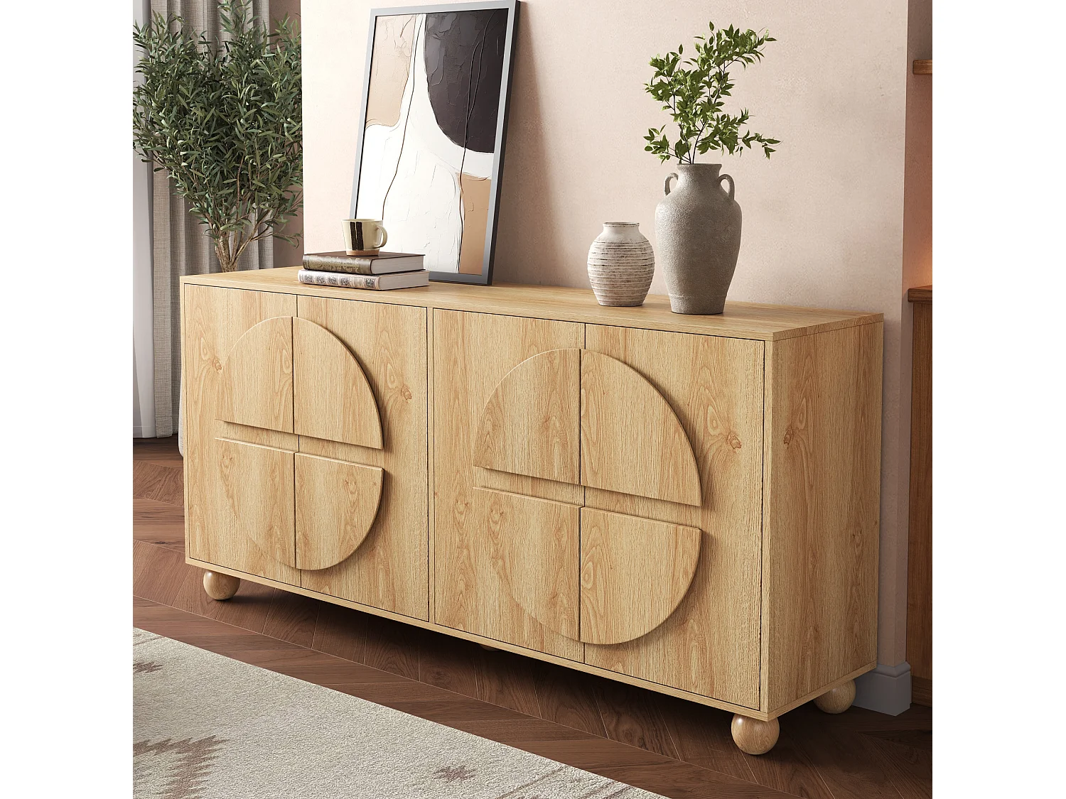 Fyrdörrars skänk med präglade cirkulära motiv och justerbara hyllor - MDF/Furu - 160 × 38 × 76 cm - Naturträ
