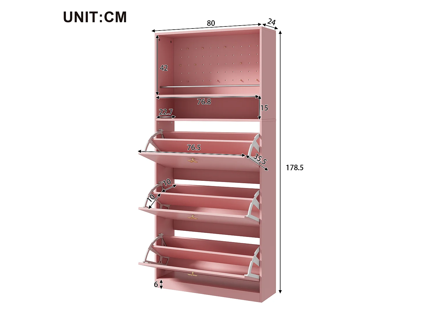 Meuble à chaussures étroit avec 3 portes rabattables, 2 niches ouvertes - Panneaux de particules - 80 x 24 x 178,5 cm - Rose