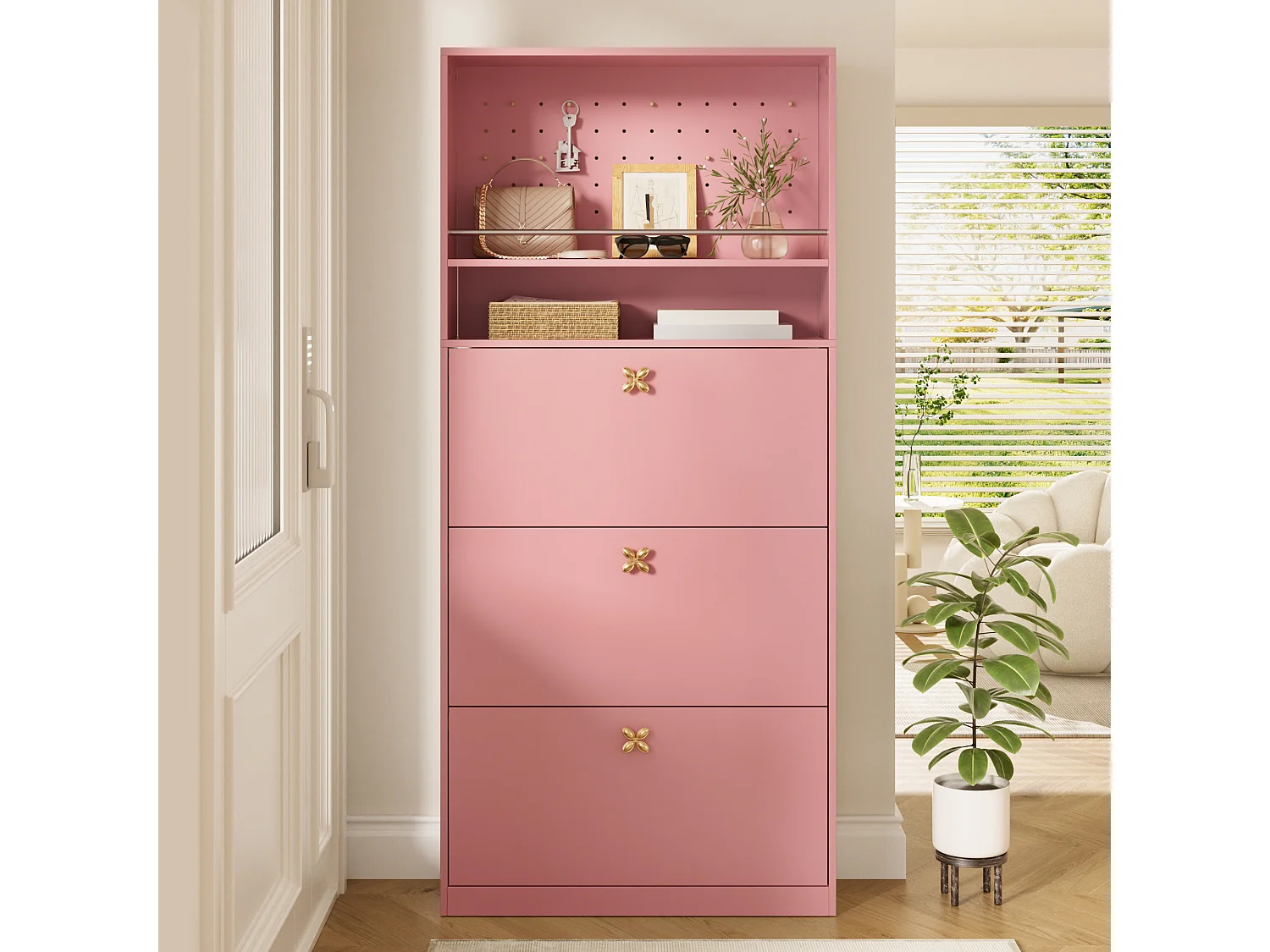 Meuble à chaussures étroit avec 3 portes rabattables, 2 niches ouvertes - Panneaux de particules - 80 x 24 x 178,5 cm - Rose