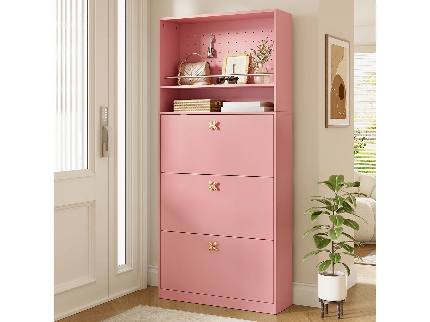 Meuble à chaussures étroit avec 3 portes rabattables, 2 niches ouvertes - Panneaux de particules - 80 x 24 x 178,5 cm - Rose
