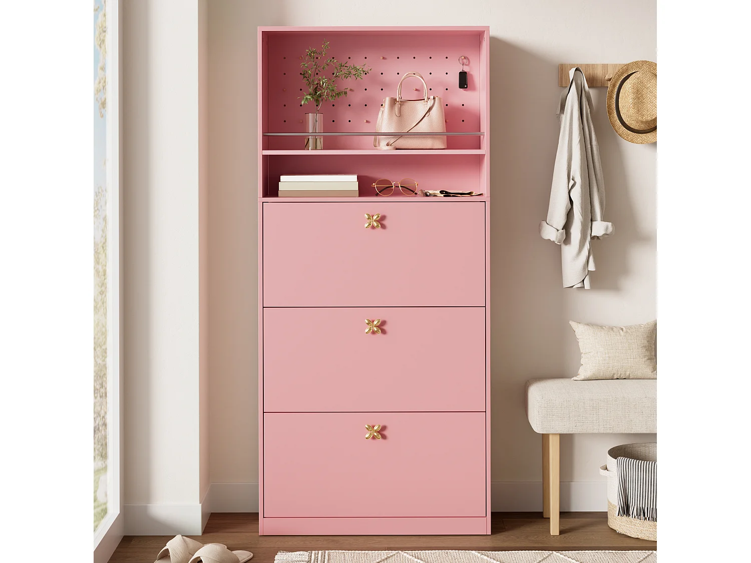 Meuble à chaussures étroit avec 3 portes rabattables, 2 niches ouvertes - Panneaux de particules - 80 x 24 x 178,5 cm - Rose